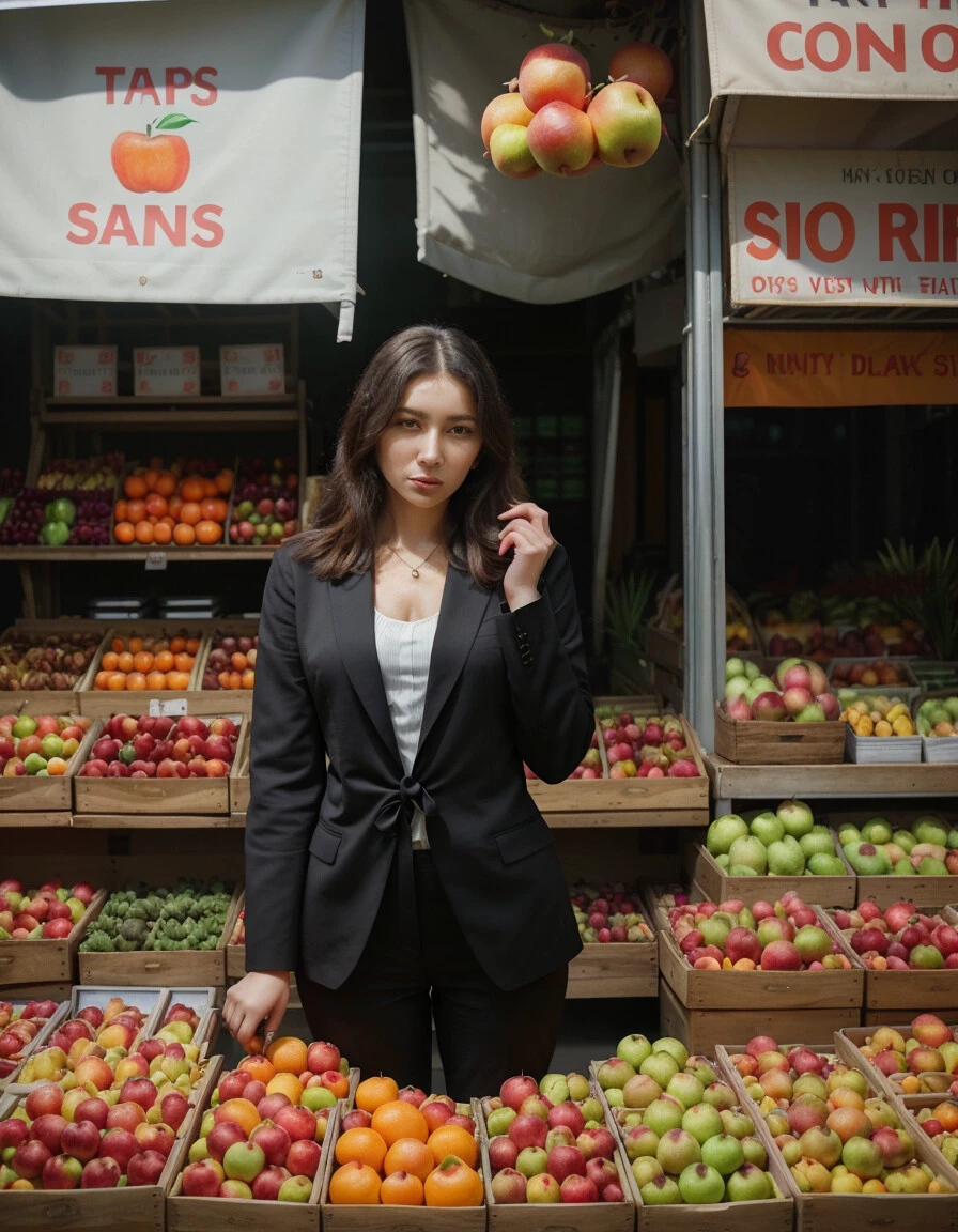  A woman in a stylish black suit with a unique tie stands confidently in front of a vibrant fruit stand, showcasing apples and oranges, Soft, even lighting highlights her features and creates a balanced composition placing her centrally, The fruit stand adds a pop of color and depth to the image, The overall aesthetic focuses on fashion and everyday life, 