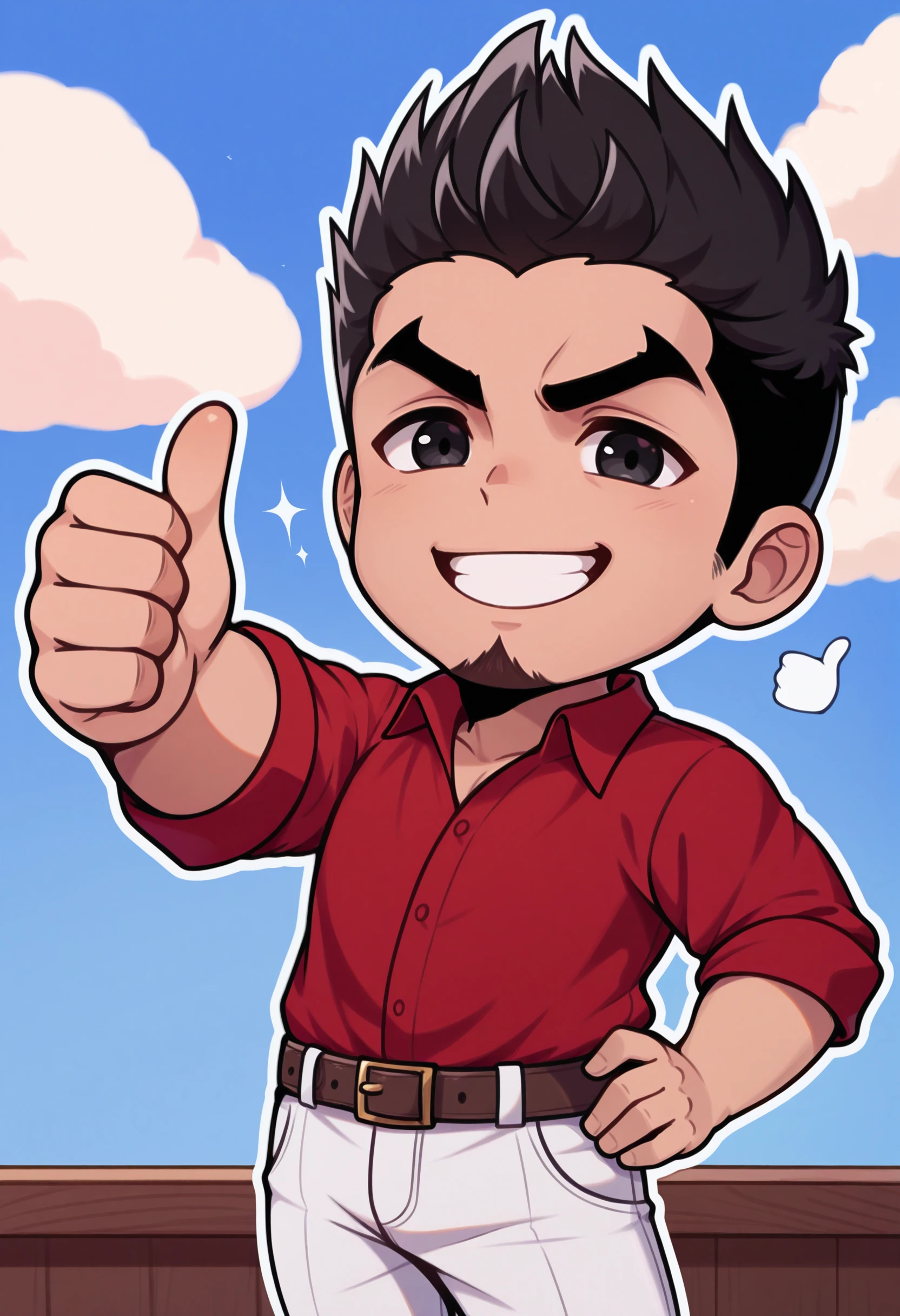 1boy, solo, male focus, happy, smile, thumbs up, blue sky, chibi, looking at viewer, outline, hand on own hip, 
<lora:KazumaKiryu-guy90-Illust-LoraV1:.9> kazryu, black eyes, goatee, black hair, short hair, facial hair, red shirt, collared shirt, white pants, belt
masterpiece, best quality