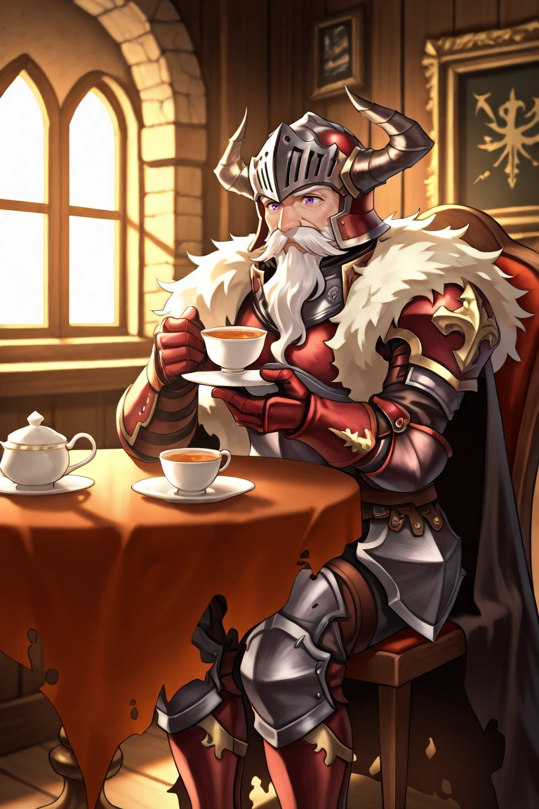 <lora:BaldusIL:0.8> , BldsDef, 1boy, purple eyes, white hair, beard, facial hair, mustache, horns, helmet, horned helmet, fake horns, armor, greaves, gauntlets, fur pauldrons, fur shawl, black cape, cape, torn cape, old, old man, sitting, tea party, happy, holding teacup, table, chairs, cafe, medieval fantasy, interior, (solo), masterpiece, very aesthetic, absurdres, best quality, amazing quality, high resolution, detailed background,  <lora:illustrious_quality_modifiers_masterpieces_v1:0.8> ,