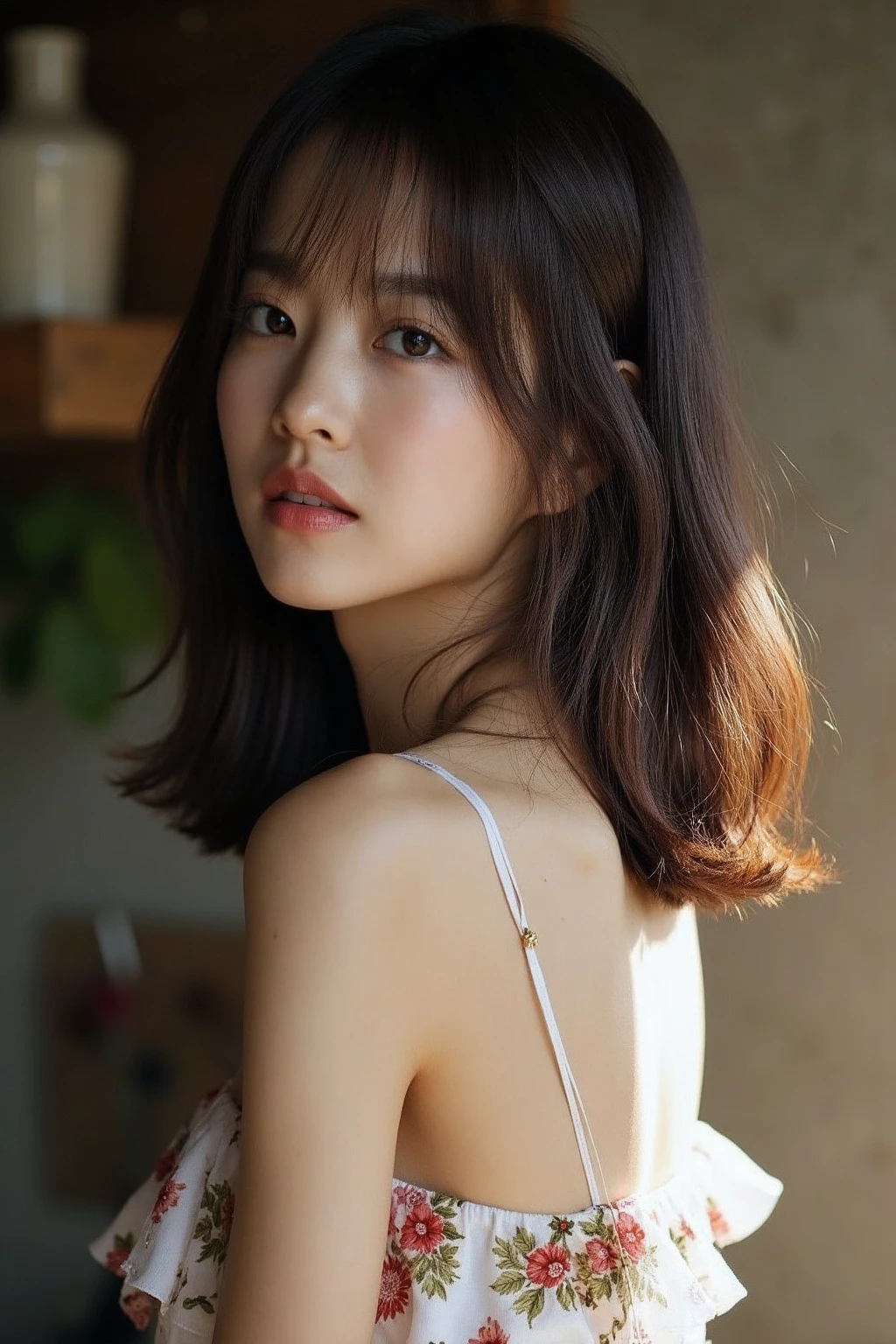 bright photo of beautiful korean girl with medium hair wearing bohemian dress, inside a rustic house, necklace, dslr, studio lighting, high quality, light reflections, blood vessels, pale skin, detailed skin, <lora:flux_realism_lora:1>,<lora:makinaflux_parkboyoung_v1.0:1>