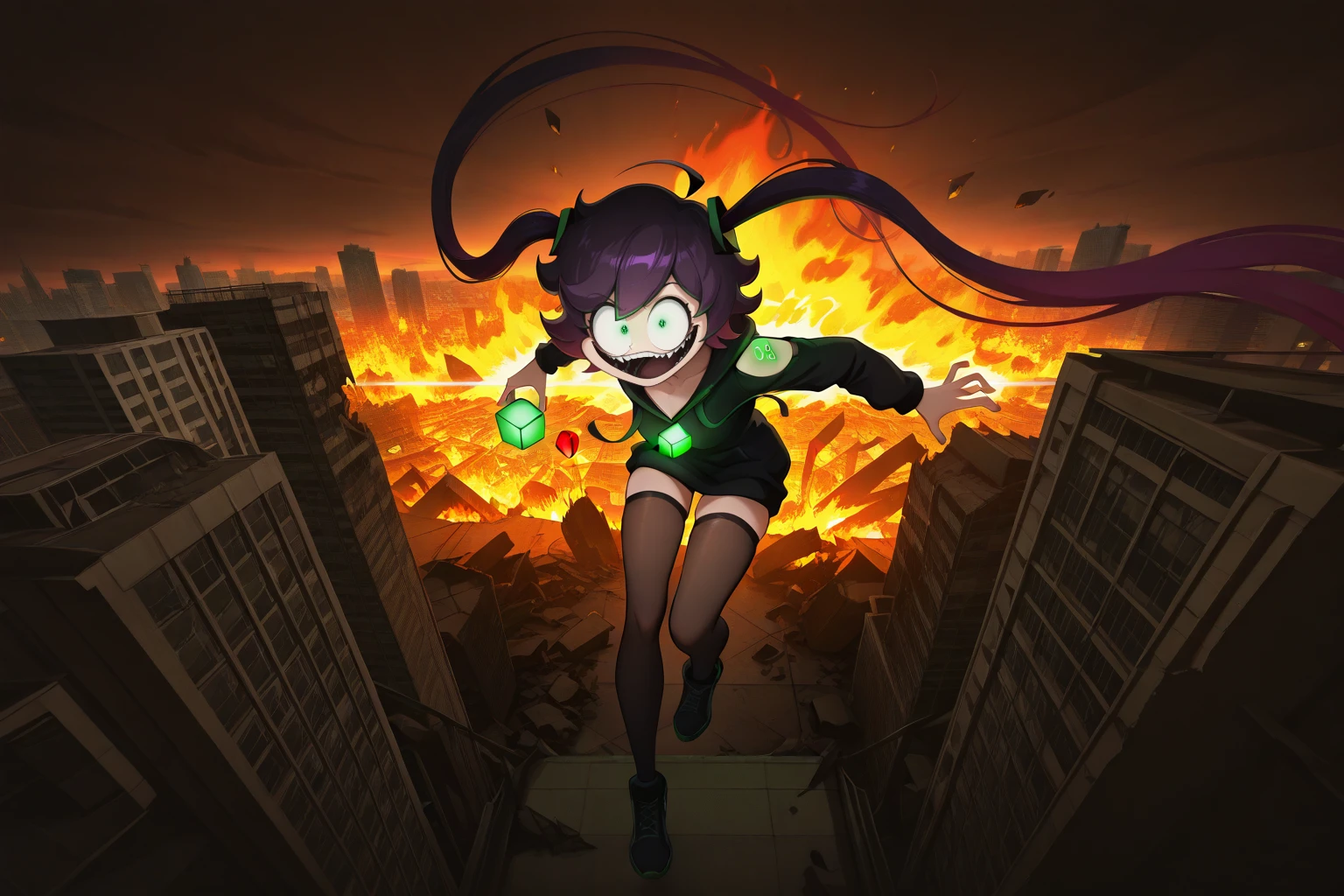 masterpiece, best quality, amazing quality, very aesthetic, absurdres, newest, scenery, (cinematic lighting, volumetric lighting), SSCS,
ic0n, 1girl, solo, short purple hair, ahoge, long twintails, green eyes, black hoodie, glowing green tattoos on shoulders, glowing green cube on chest, black thighhighs, looking at viewer, frown, big smile, open mouth, holding a red cube, pointed_teeth, floating, in the sky, BREAK, (from above, long shot, dramatic angle), cityscape, destroyed city, fire,
(cinematic lighting, volumetric lighting), masterpiece, best quality, amazing quality, very aesthetic, absurdres, newest, scenery