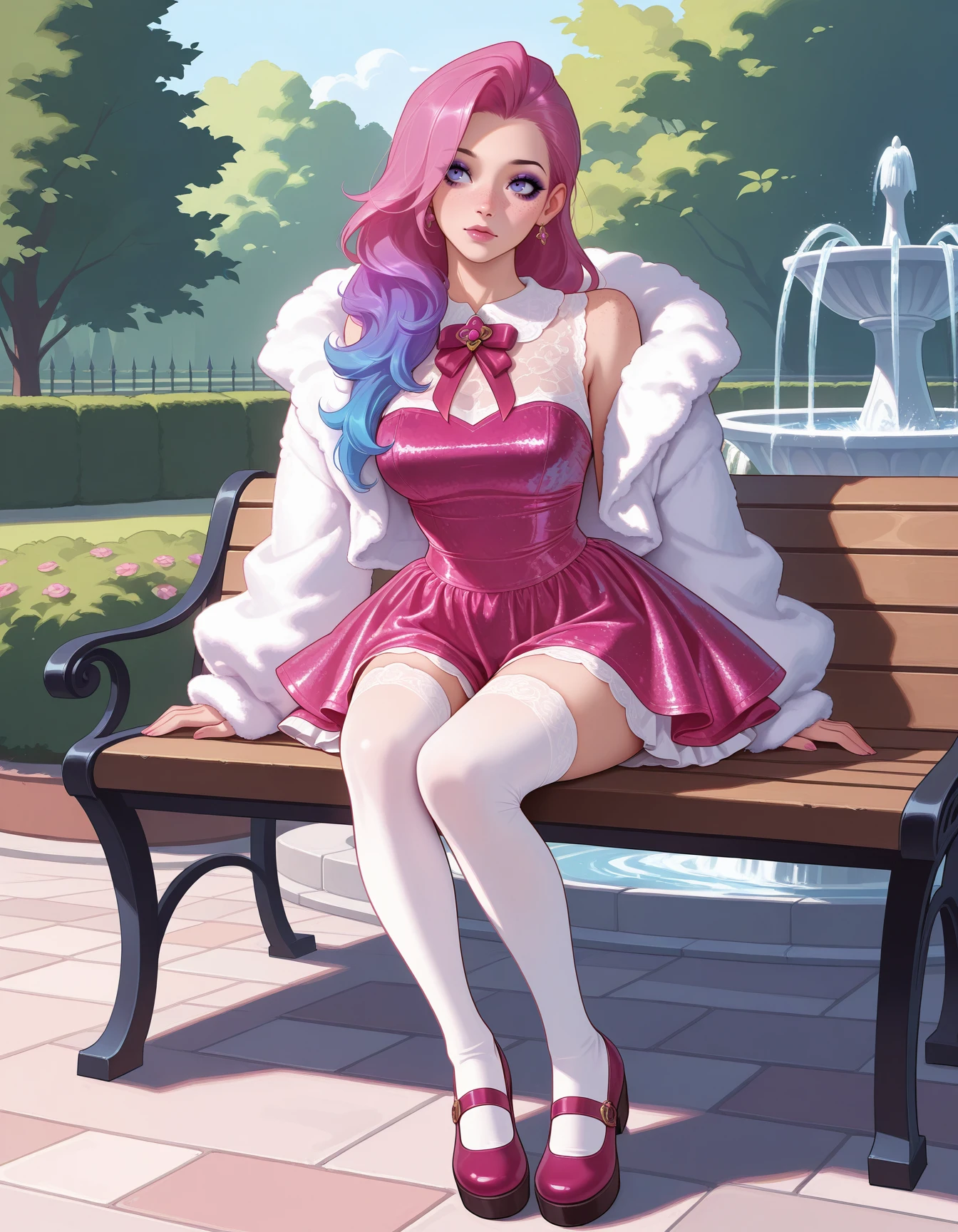 (ilya kuvshinov:0.7) mature Seraphine \(League of Legends\) 1girl, solo, wearing pink  crushed velvet dress, lace, fuzzy jacket,  jewelry, eyeliner, eyeshadow, makeup, (freckles) <lora:CVDressLR-ILXL2024-12-25_19-00-10-save-315-45-0:0.9>, outdoors, fountain, garden,  park bench, thighhighs, zettai ryouiki, white socks, mary janes, full body, sitting, masterpiece, best quality, very aesthetic, newest