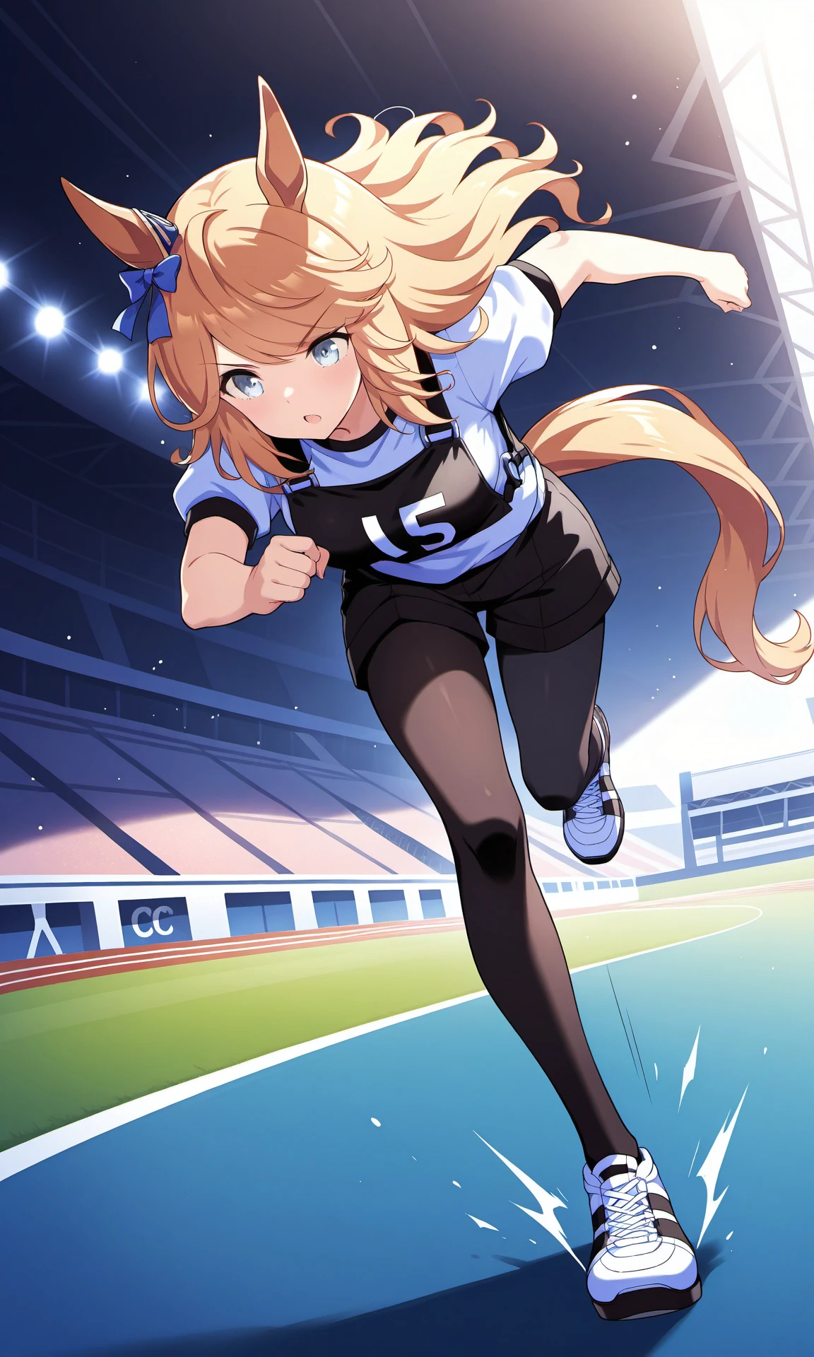 GCracingShort,horse girl,blue ear ornament,black shorts,short black sleeves,white shirt,black pantyhose,black sneakers,black race vest,
light particles,running,stadium,race,motion lines,
masterpiece,best quality,highres,absurdres,1girl,solo,umamusume,game cg,<lora:GoldCityILExtraV1:0.9>,