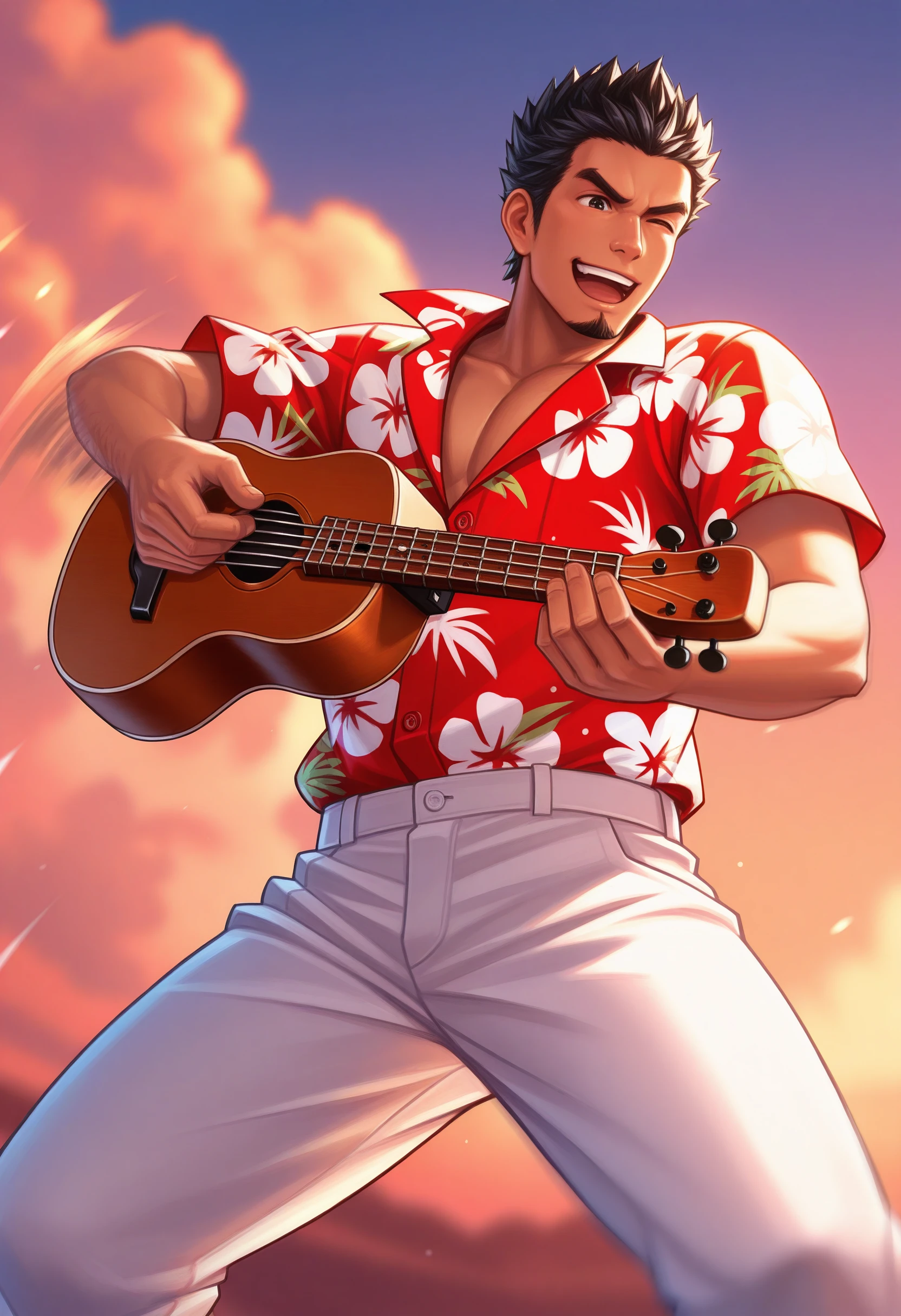 1boy, solo, white pants, red shirt, hawaiian shirt, ukulele, motion blur, happy, playing instrument, 
<lora:KazumaKiryu-guy90-Illust-LoraV1:1> kazryu, goatee, black hair, short hair, facial hair, 
masterpiece, best quality