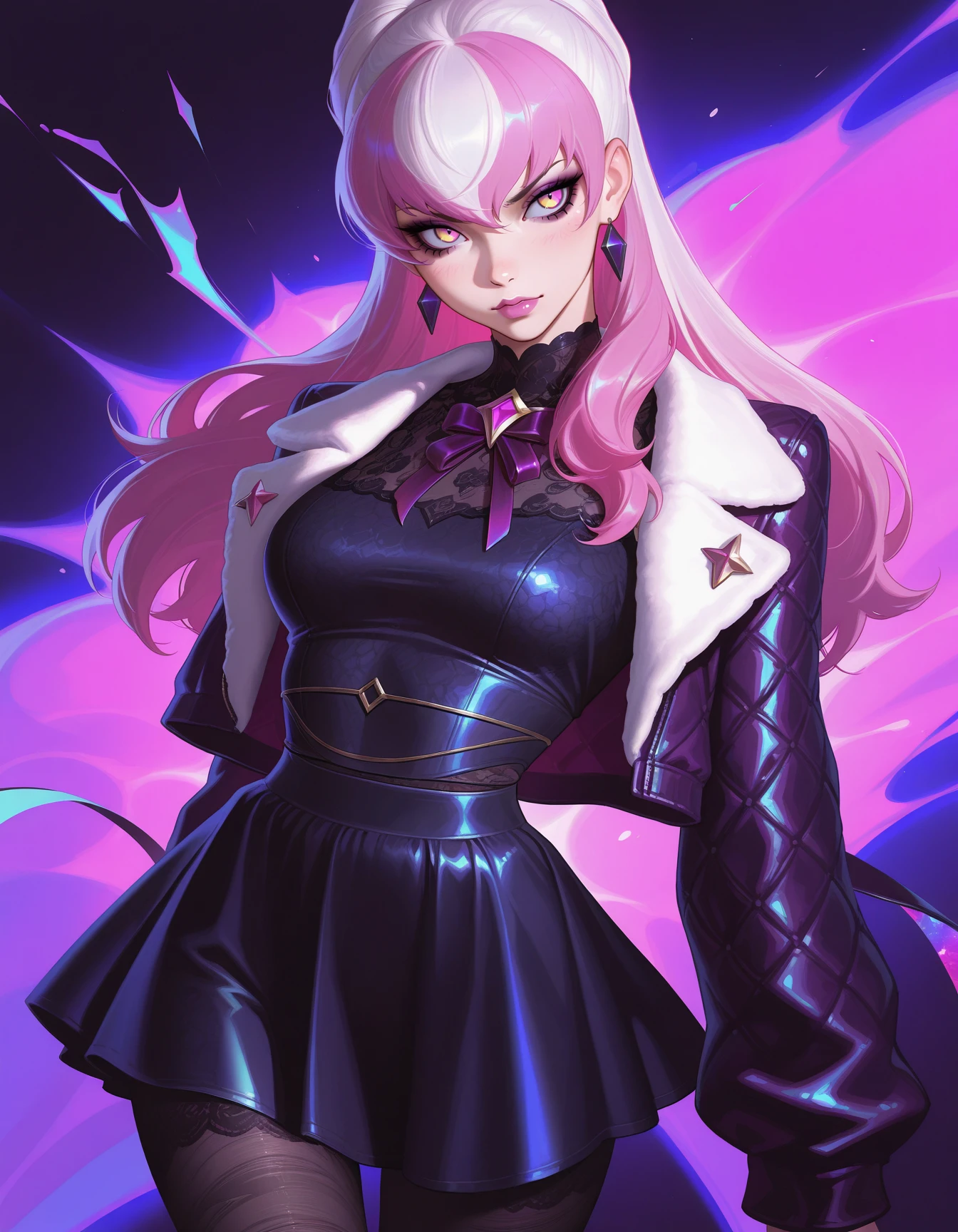 [ilya kuvshinov] k/da evelynn \(league of legends\),  1girl, solo,  (bright pink:1.3 dress), short skirt,  crushed velvet, fine fabric emphasis,   lace, jacket, jewelry,  <lora:Outfit_soph-CrushedVelvetDress-ILXL:0.9>, masterpiece, best quality, very aesthetic, newest