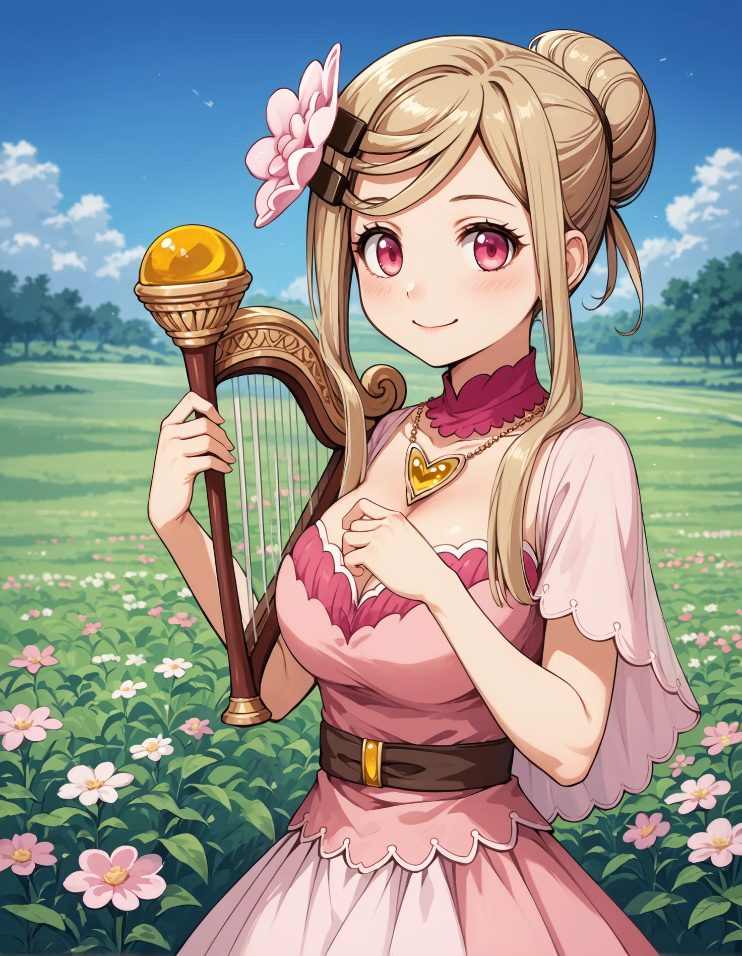 score_9, score_8_up, source_anime, 1girl, upper body, medium shot, detailed, mgrcsashakurusu, blonde hair, hair bun, sidelocks, pink eyes, looking at viewer, flower hairclip, pink detached collar, pink shawl, yellow gem necklace, pink dress, brown belt, outdoors, flower field, holding lyre, hand up, happy, dynamic pose, (side view:0.65), <lora:mgrcsashakurusu_XL:0.9>