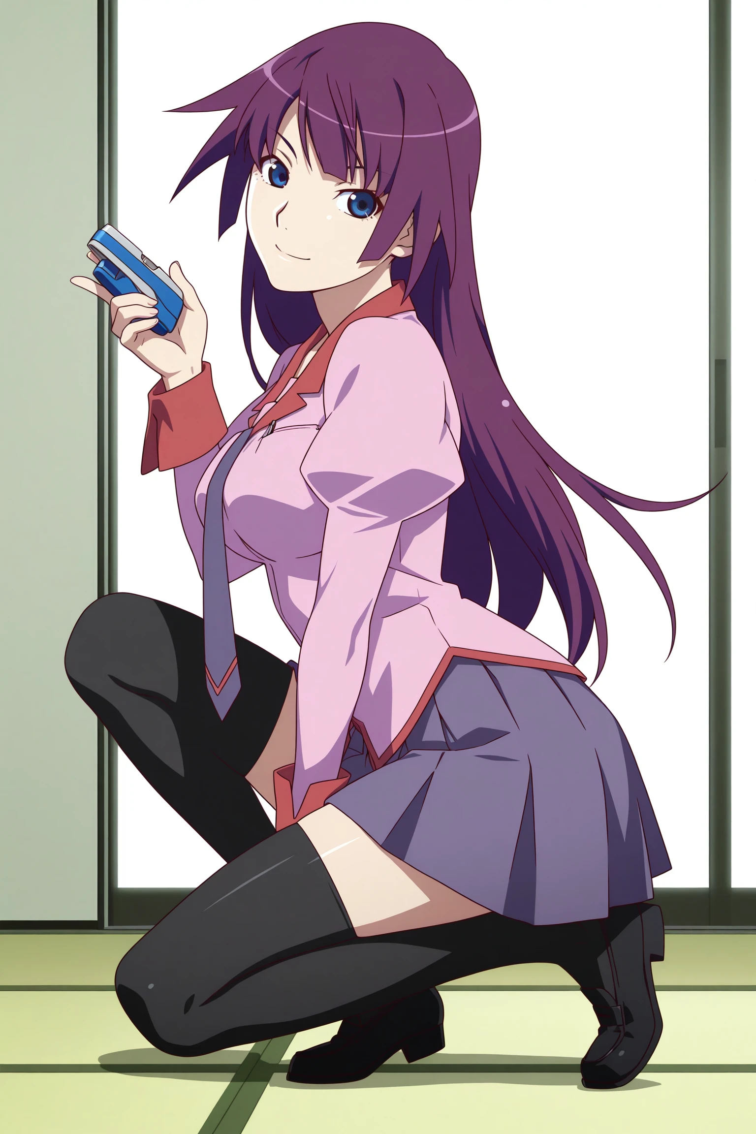 masterpiece, best quality, amazing quality, highres, absurdres, very aesthetic, high resolution, ultra detailed, perfect details, 1girl, solo, indoors, medium breasts, hitagi senjougahara, long hair, hime cut, purple hair, blue eyes, long sleeves, puffy sleeves, pink shirt, untucked shirt, breast pocket, purple tie, purple skirt, pleated skirt, black thighhighs, zettai ryouiki, loafers, <lora:Hitagi_Senjougahara_ILXL:0.8>, (aged up:1.2), (full body), looking at viewer, smile, dim lighting, anime coloring, anime screencap, (pose:1.6), holding stapler, (from side:1.2), kneeling, knee up