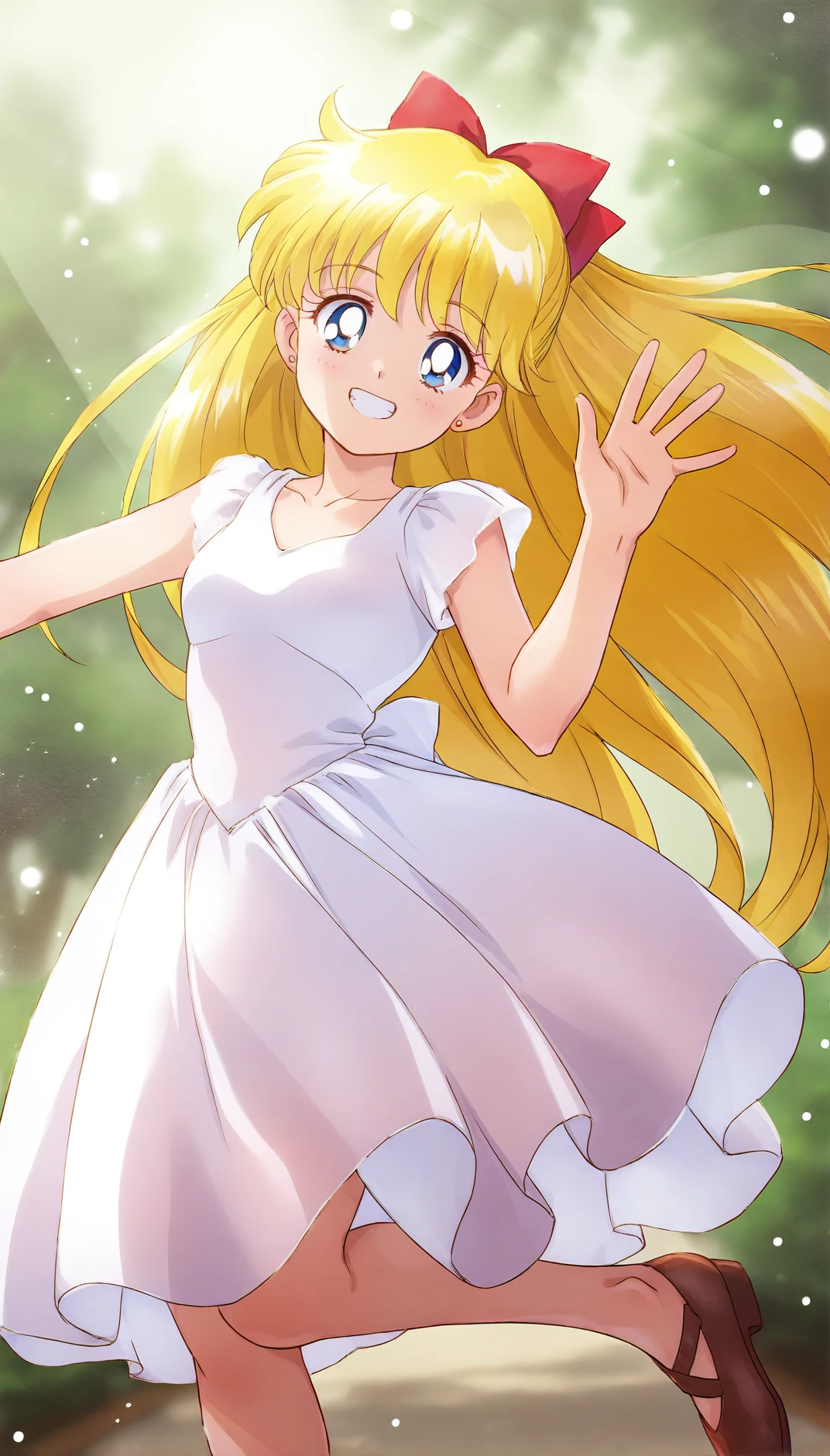 masterpiece,best quality,amazing quality,
<lora:ainominakoIL:1>,
ainominako,
1girl,solo,
blonde hair,long hair,bangs,red hair bow,golden earrings,
blue eyes,looking at viewer,grin,
white sundress,white bow on back,ballet shoes,
waving hand,head tilt,
blurry background,depth of field,vignetting,soft lighting,light particles,
park,sunlight streaming through trees,