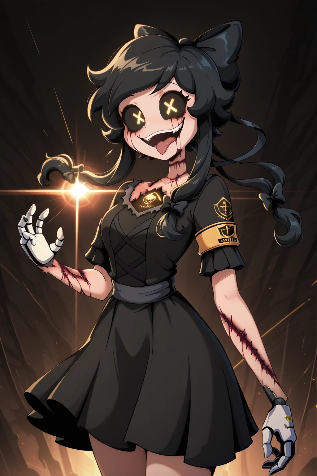 (masterpiece, high quality, highly detailed, best quality), SSCS,
mdcyn, 1girl, black hair bow, black sclera, colored sclera, yellow eyes, + +, smile, open mouth, tongue out, short black hair, braids, black dress, black high heels, mechanical hands, stitches, injury, scars, injury, scars, blood, upper body, complex background, abstract_background, (cinematic lighting, volumetric lighting, lensflare, lens),
(masterpiece, high quality, highly detailed, best quality)