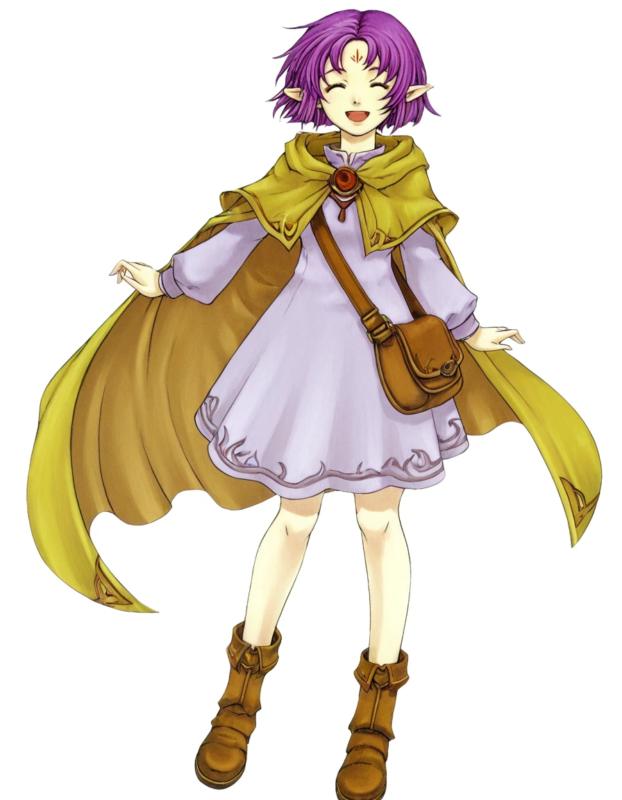 <lora:GAME_STYLE_Fire_Emblem_Binding_Blade:1>,
airbrush \(medium\),
BREAK
1girl,pointy ears,solo,purple hair,closed eyes,facial mark,forehead mark,short hair,dress,boots,white background,bag,open mouth,full body,simple background,cape,smile,long sleeves,shoulder bag,^ ^,, ,masterpiece, best quality,