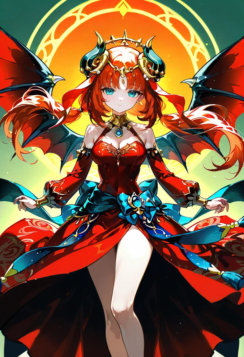 1girl,solo,looking at viewer,ikeda ruriko,demon dress, demon wings,detached sleeves, red dress, nilou_(genshin_impact)