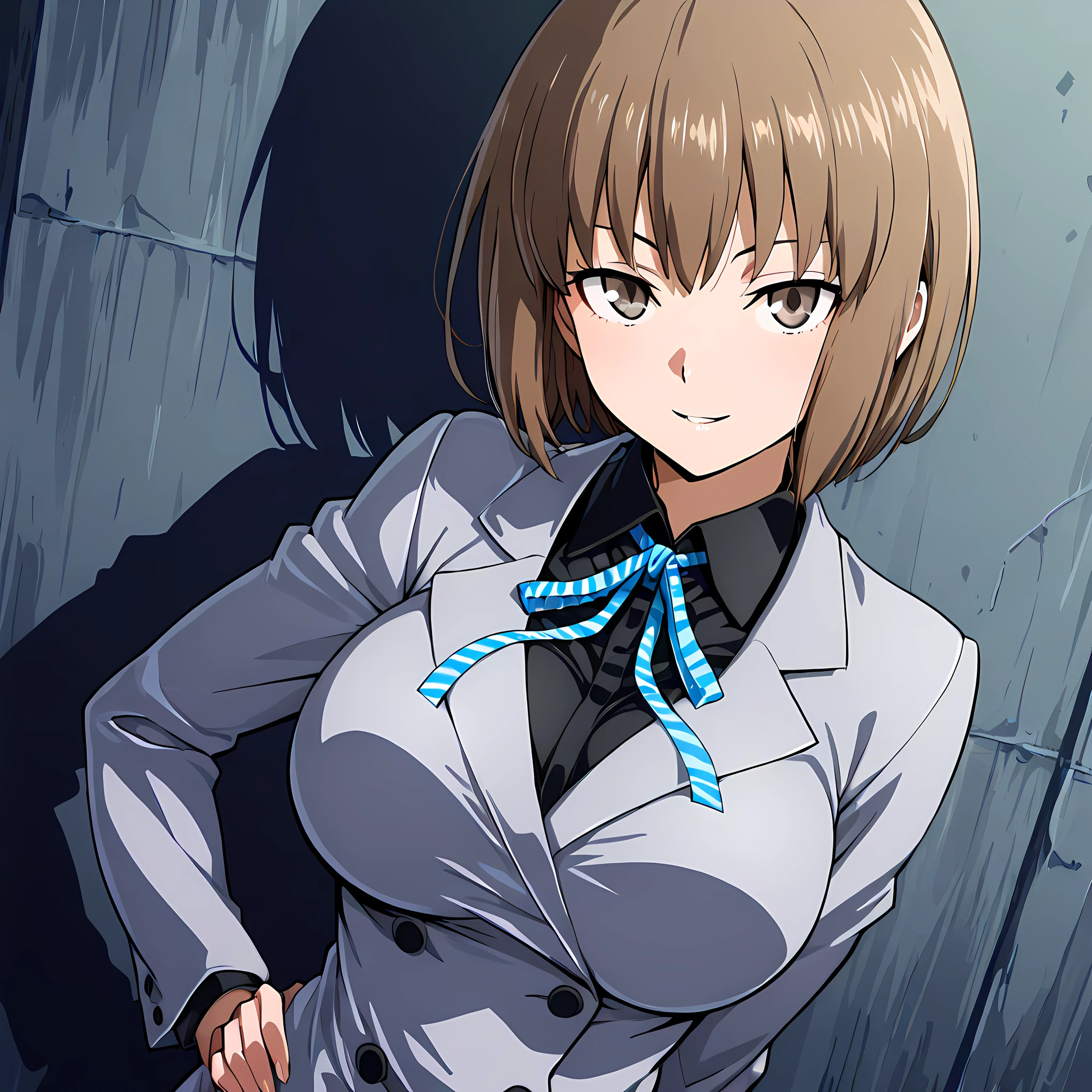 nitta_io(ds2), 1girl, solo, brown hair, short hair, large breasts, brown eyes, seductive smile, looking at viewer, ribbon, grey jacket, parted lip, hand on hip, upper body view, anime coloring, midnight, dark alleyway background<lora:NittaIo-IllustXL:1>, (masterpiece),(best quality),(ultra-detailed),(best illustration),(best shadow),(absurdres),(detailed background),(very aesthetic),