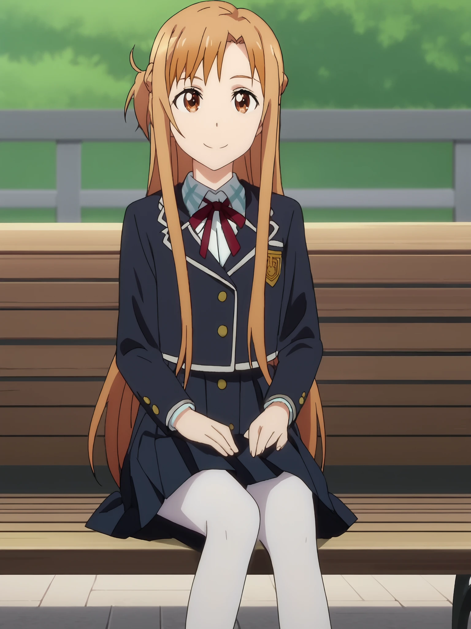 score_9, score_8_up, score_7_up, source_anime,anime screencap, anime coloring, official style,
 <lora:3-in-1_Asuna_Yuuki_Suguha_Kirigaya_and_Kirito_Kazuto_Kirigaya_Sword_Art_Online_-_Pony:.8>
Asuna Yuuki (character), Asuna winter school uniform, 1girl, asuna (sao), long hair, pantyhose, brown eyes, solo, school uniform, white pantyhose, brown hair, sitting, bench, skirt, jacket, facing the user, smiling, happy girl,
 <lora:N0R3AL_PDXL:1> N0R3AL_PDXL