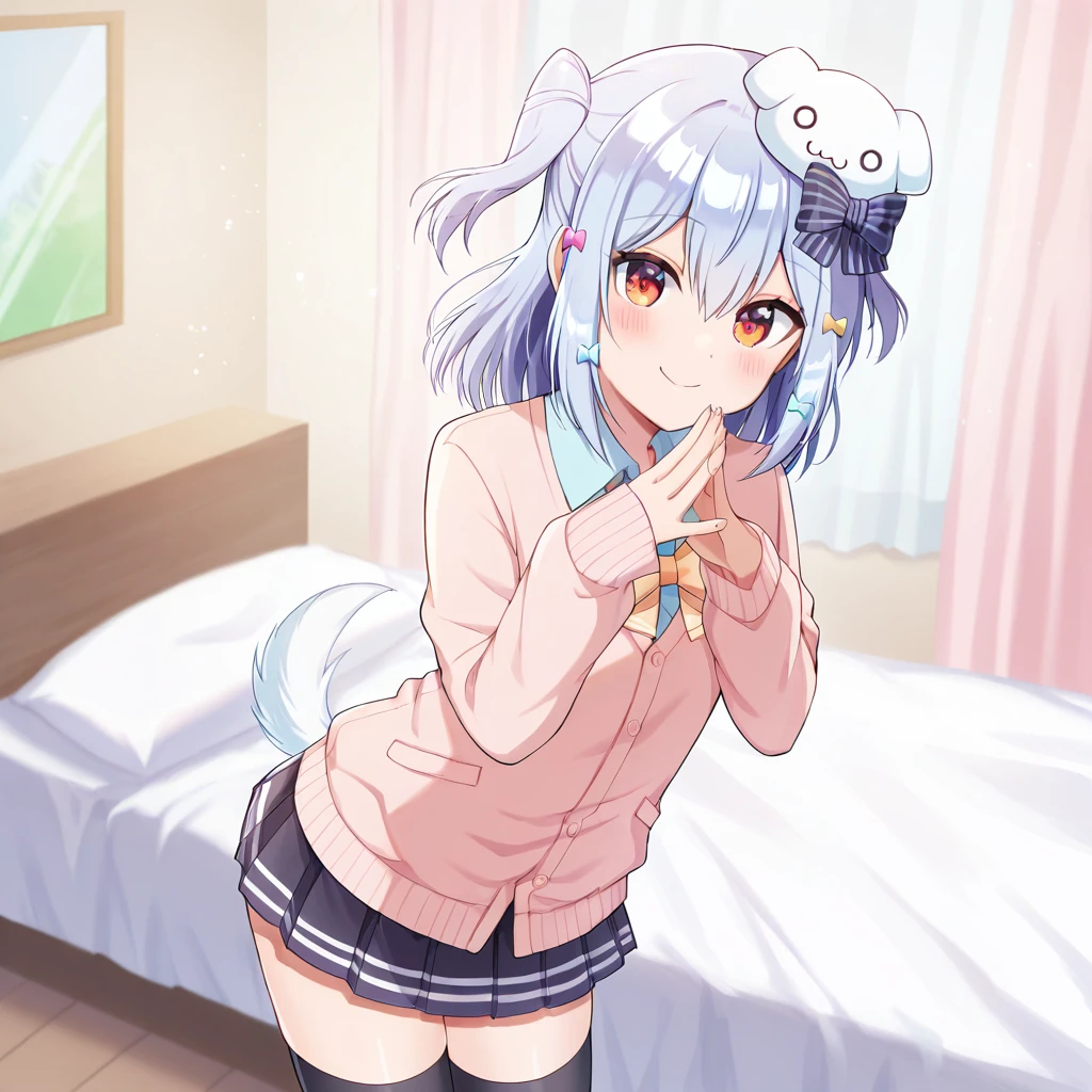 masterpiece, high quality, absurdres, 
solo, looking at viewer, own hands together, blush, happy aura, bedroom, standing, smile,
<lora:Inuyama_Tamaki_-_Illustrious:1> inuyama tamaki, blue hair, black bow, black skirt, black thighhighs, bow, bowtie, dog hair ornament, hair bow, hair ornament, miniskirt, otoko no ko, pleated skirt, red eyes, skirt, sweater, thighhighs, two side up, pink cardigan, medium hair, striped bow,