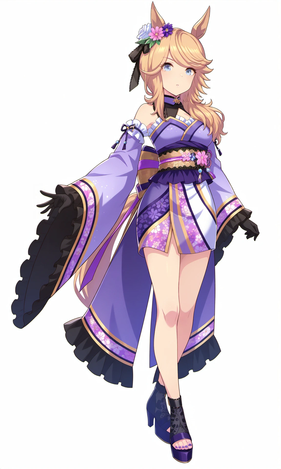 white background,transparent background,simple background,GCakizakura,horse girl,purple kimono,bare shoulders,ear flower,detached wide sleeves,sash,platform high heels,back bow,black gloves,purple toenail,
front view,looking at viewer,standing,full body,
masterpiece,best quality,highres,absurdres,1girl,solo,umamusume,game cg,<lora:GoldCityILAkizakuraV1:1>,