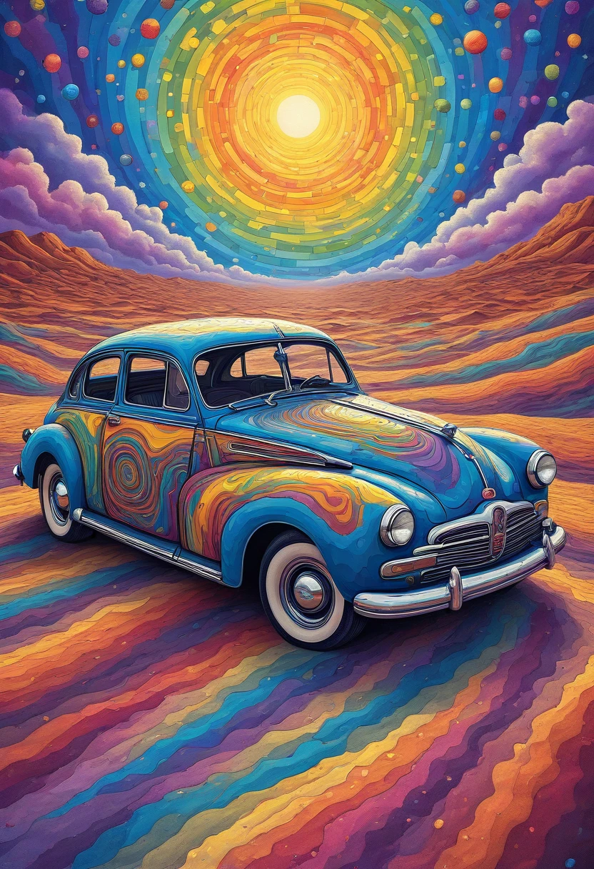 PsychadelicPopSurrealism,  A retro-inspired scene of a vintage car driving through an endless desert of shifting rainbow sands, with the sky fragmented into intricate stained-glass patterns in vivid blues, purples, and yellows.