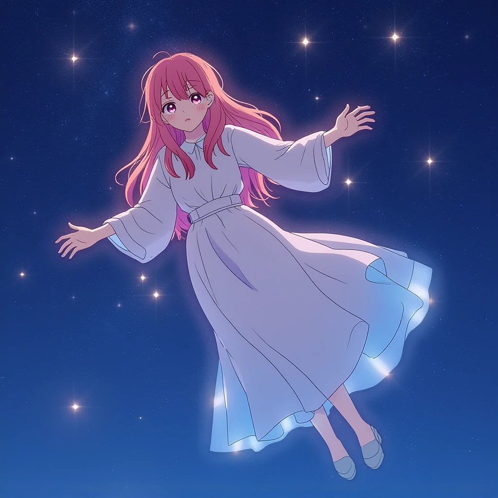 Yuki as a celestial being, floating among the stars with a radiant aura around her