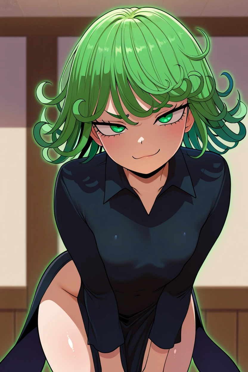 masterpiece, best quality, 1girl, solo, beautiful eyes, zzTatsumaki, green eyes, green hair, black dress, smile, smug, <lora:TatsumakiIXL:1.0>,<lora:AhLyongLee_IXL_v1:1.0>, , cowboy shot, leaning forward, smile, looking at viewer, shiny skin,