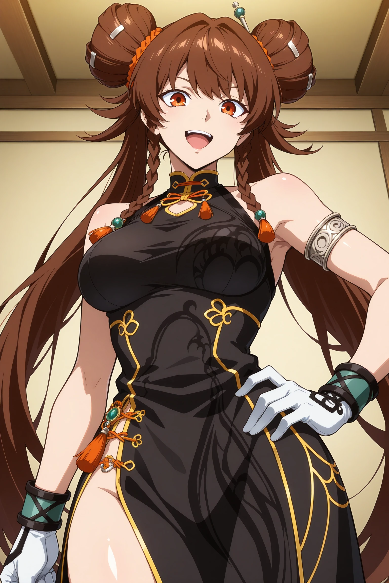 masterpiece, best quality, amazing quality, highres, absurdres, very aesthetic, high resolution, ultra detailed, perfect details, 1girl, solo, indoors, medium breasts, nen master, very long hair, brown hair, double bun, twintails, hair ornament, orange hair tie, sidelocks, twin braids, orange eyes, jewelry, chinese clothes, sleeveless, black dress, armlet, bracelet, white gloves, side slit, black thighhighs, black footwear, flats, <lora:Nen_Master_ILXL:0.8>, (aged up:1.8), (upper body:1.3), looking at viewer, smile, (anime coloring:1.5), (anime screencap:1.5), open mouth, pose