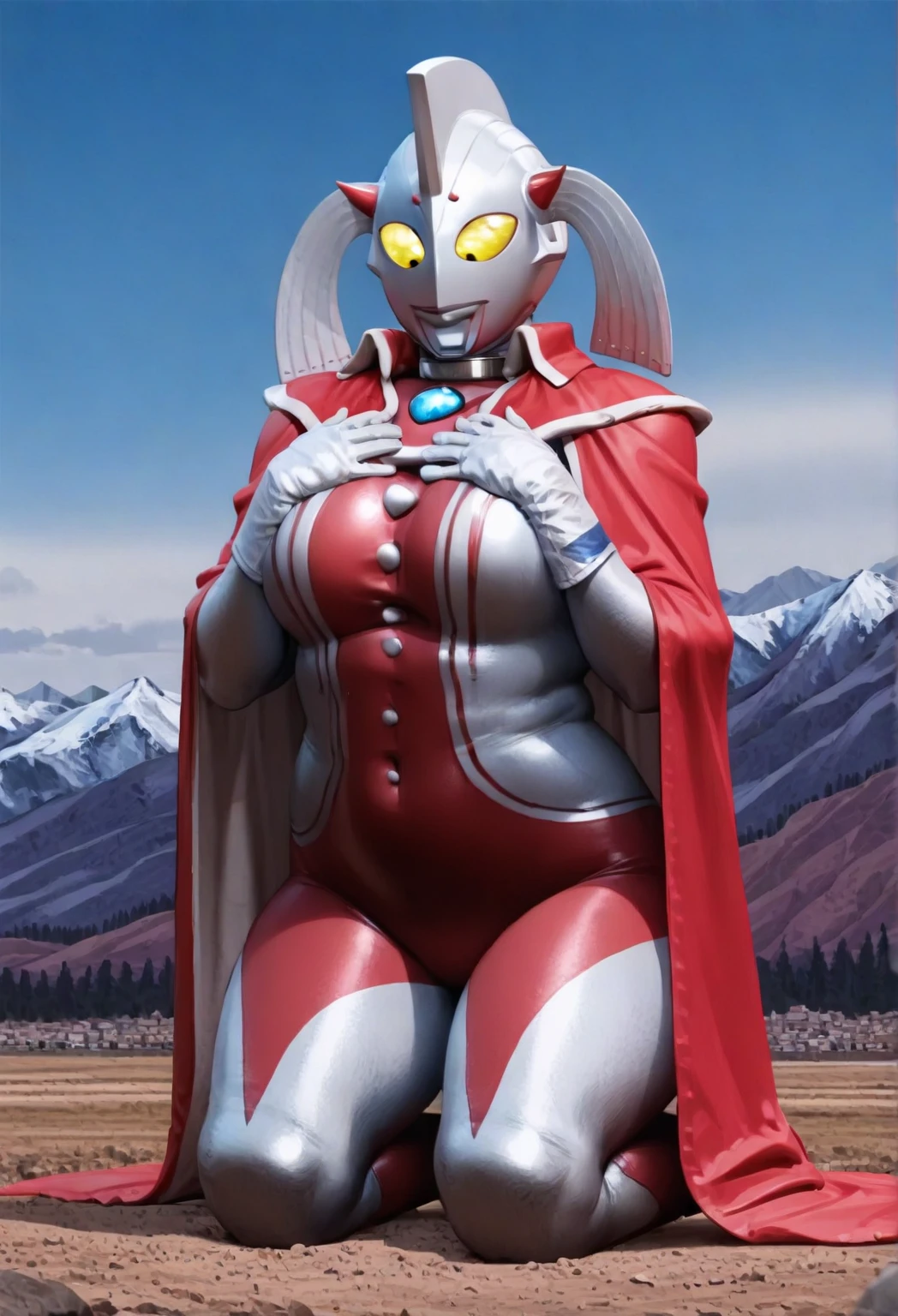 (chamchami:0.5), (kunaboto:0.5), tokusatsu, solo, 1girl, mother_of_ultra, bodysuit, buttons, gem, horns, helmet, twin_tails, gloves, alien, yellow eyes, silver skin, collar, cape, red cape, outside, hands on chest, kneeling, mountains, rocks, sky