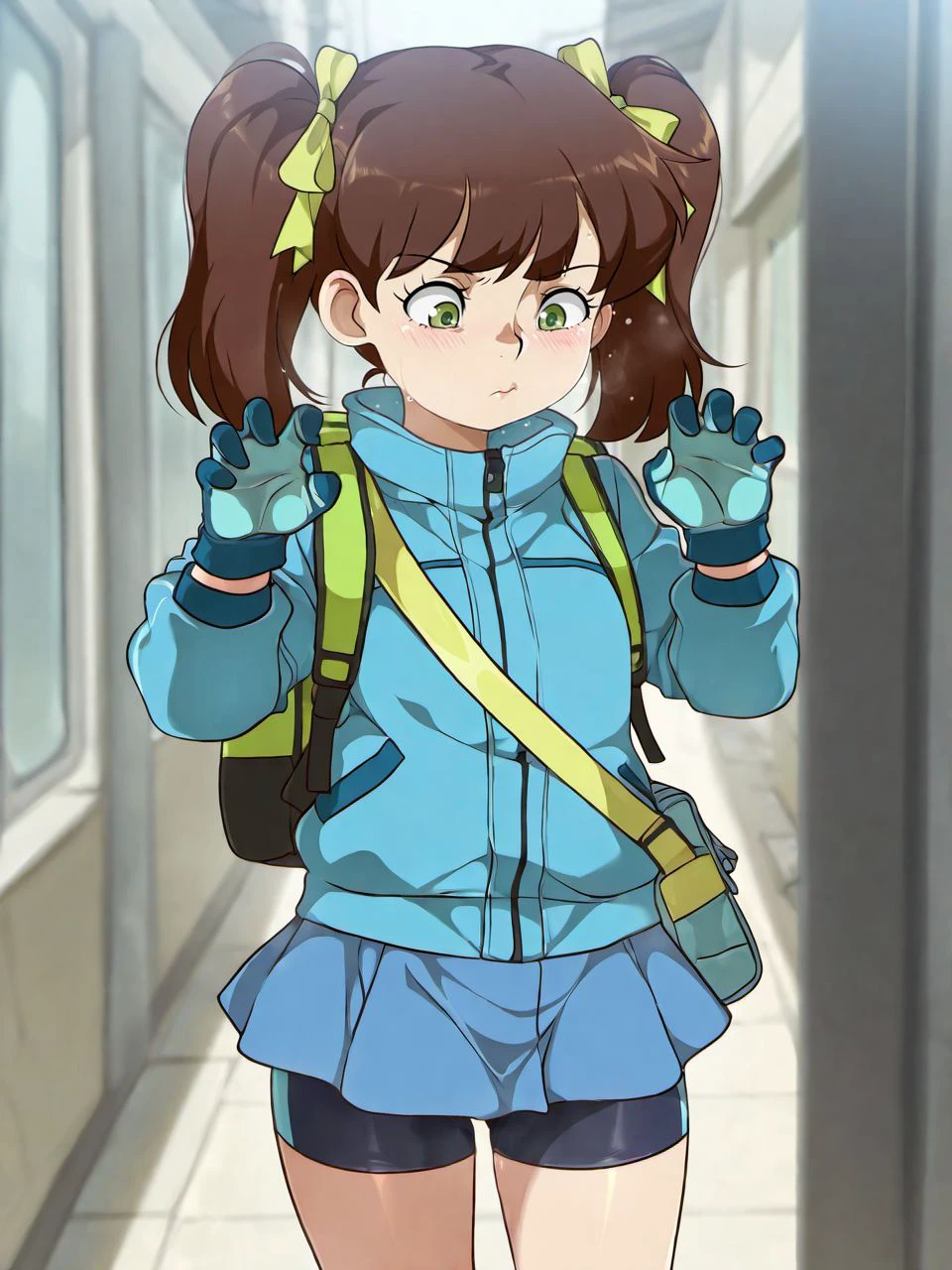 masterpiece, best quality, amazing quality, very aesthetic, high resolution,
jcm2style, 1girl, solo, twintails, bike shorts, green eyes, gloves, bag, skirt, brown hair, backpack, shorts, blue gloves, standing,ribbon, jacket, claw pose, blush,
<lora:jcm2_style_v1_illustrious_epoch_8:0.9>,