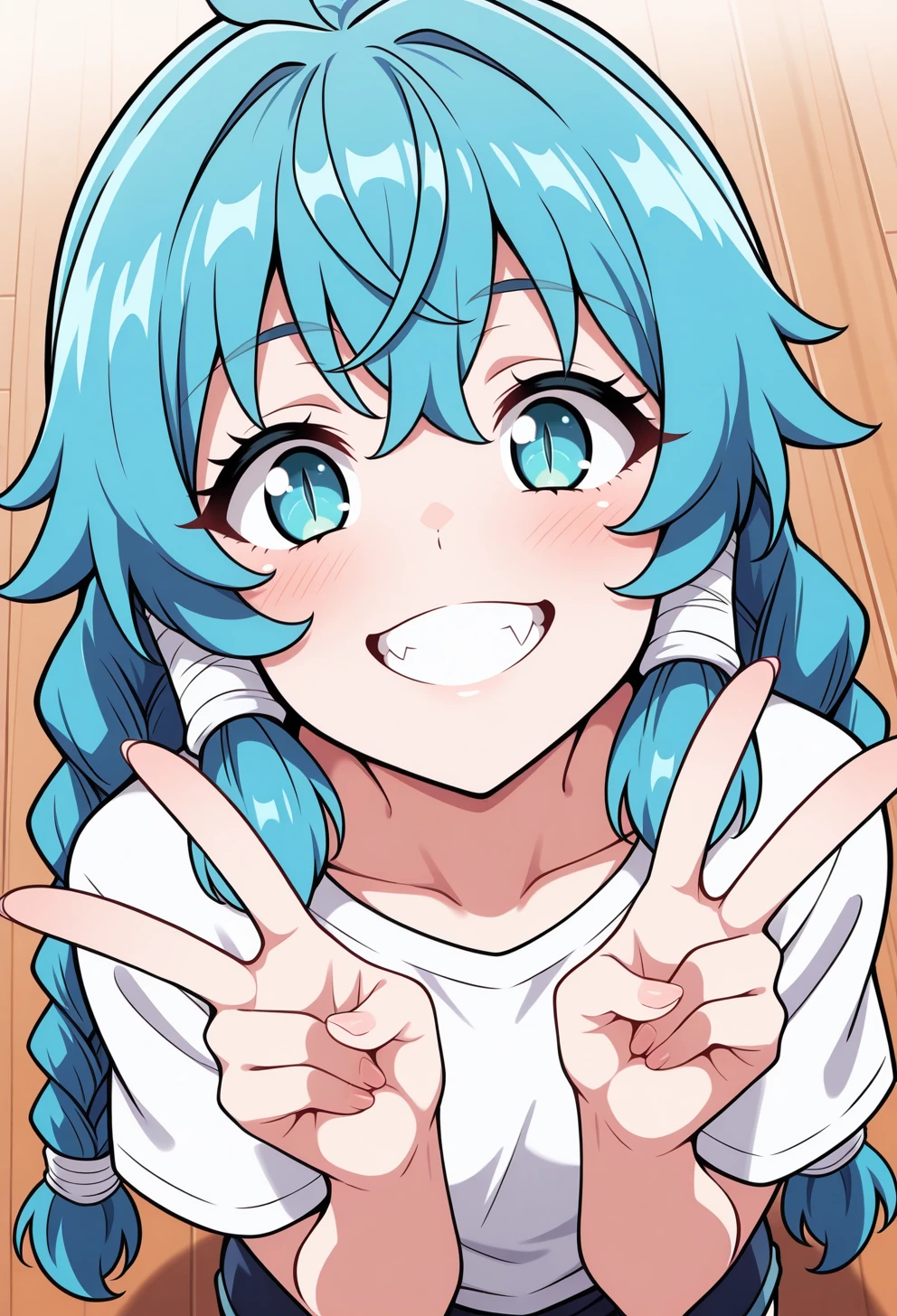 masterpiece, best quality, high quality, anime, <lora:AEMelIllx:1>AEMel, aqua eyes, slit pupils, blue hair, twin braids, sidelocks, hair tubes, very long hair, fang, smile, teeth, double v, from above, white shirt,