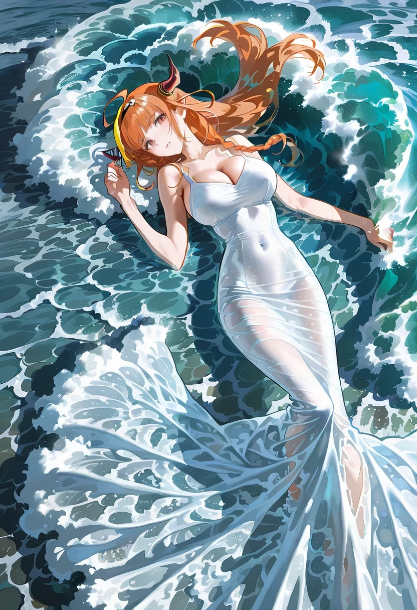 1girl,solo,looking at viewer,ikeda ruriko, water dress, waves, white dress, water, long dress, ocean, kiryu_coco,lying,