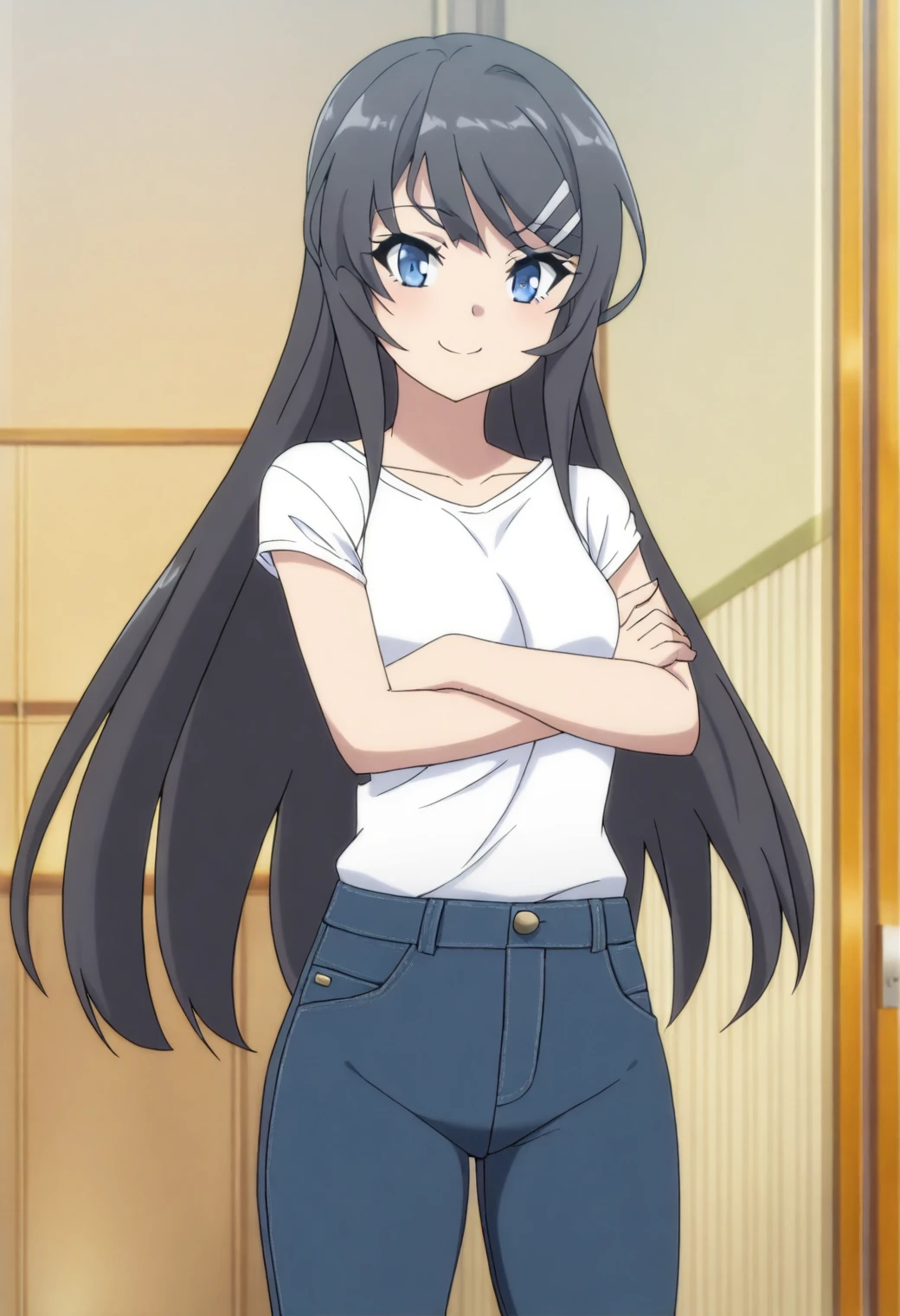 <lora:Mai Sakurajima - [Rascal Does Not Dream of Bunny Girl Senpai] - illustriousXL v1:1>, sysdeep_mai, blue eyes, black hair, long hair, hairclip, anime coloring, 1girl, solo, tight jeans, mountain overlook, standing with arms crossed, confident smile