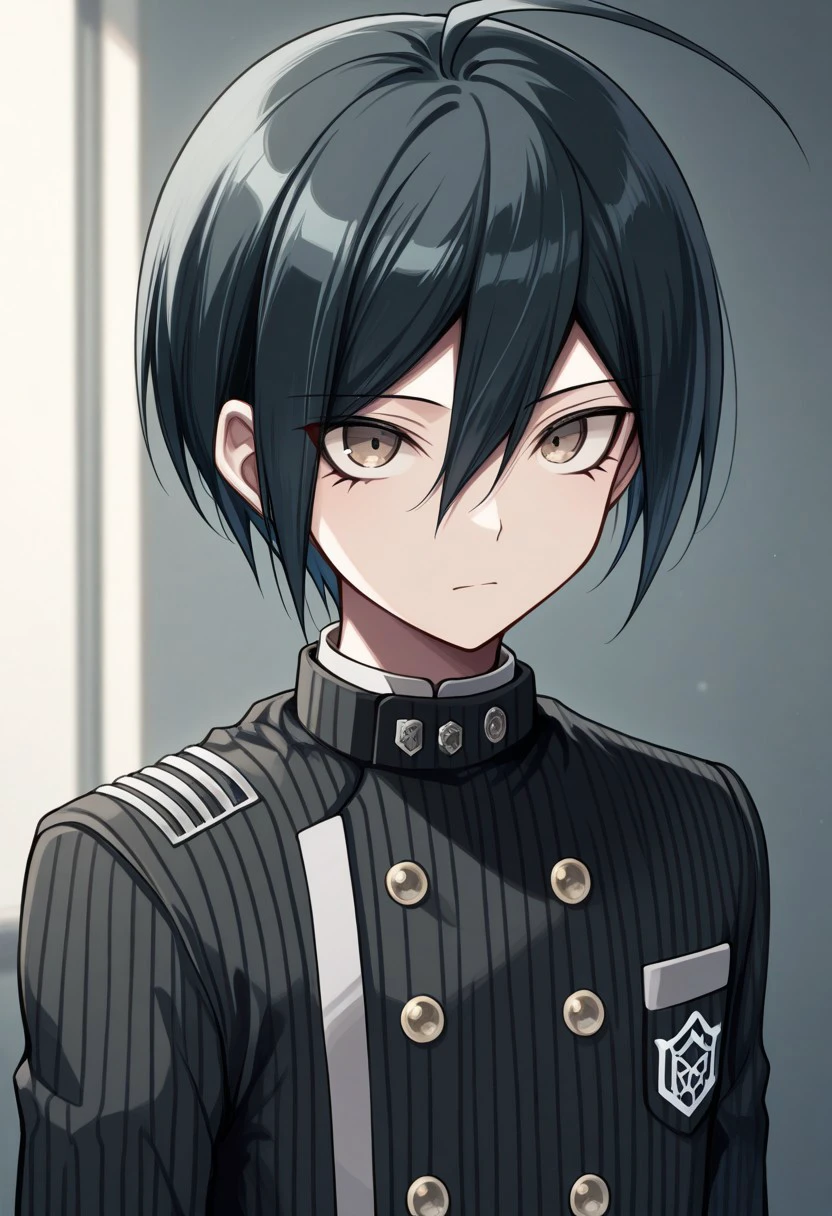 masterpiece, best quality, 
shuichi, 1boy, male focus, solo, brown eyes, black hair, ahoge, short hair, hair between eyes, school uniform, jacket, black jacket, striped jacket, double-breasted buttons, stripes, pinstripe pattern, upper body
indoor,