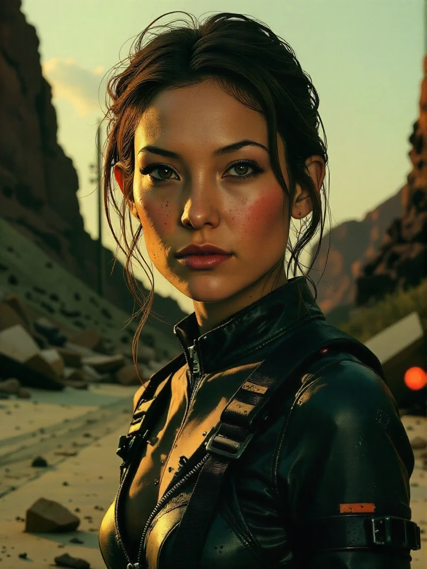 <lora:Kate_Hudson_ca2000s:1> woman, extreme close-up, zoomed, focus on face, centered, macro shot, face centered, focus on eyes, looking directly at the viewer, looking directly at the camera, making eye contact, looking straight ahead, modest clothes, modest apparel, chest covered, modesty <lora:zz_s_Chest_Size_Slider:-2> A hyper-realistic photo portrait of a cybernetic android, soft features with a dynamic background, elegant intricate artstation concept art style of Ashley Wood, Jae Wood, desolate tones, intricate detail, breathtaking masterpiece, dramatic lighting, wearing skin-tight, form-fitting black leather cybernetic android uniform that tightly covers the body, it also covers the chest and neck, the uniform includes an extreme amount of zippers, an ak47 is strapped to the back, sitting on a futuristic motorcycle, background is dystopian post-apocalyptic wasteland , bokeh <lora:zz_s_Luminous_Shadowscape:0.7>
