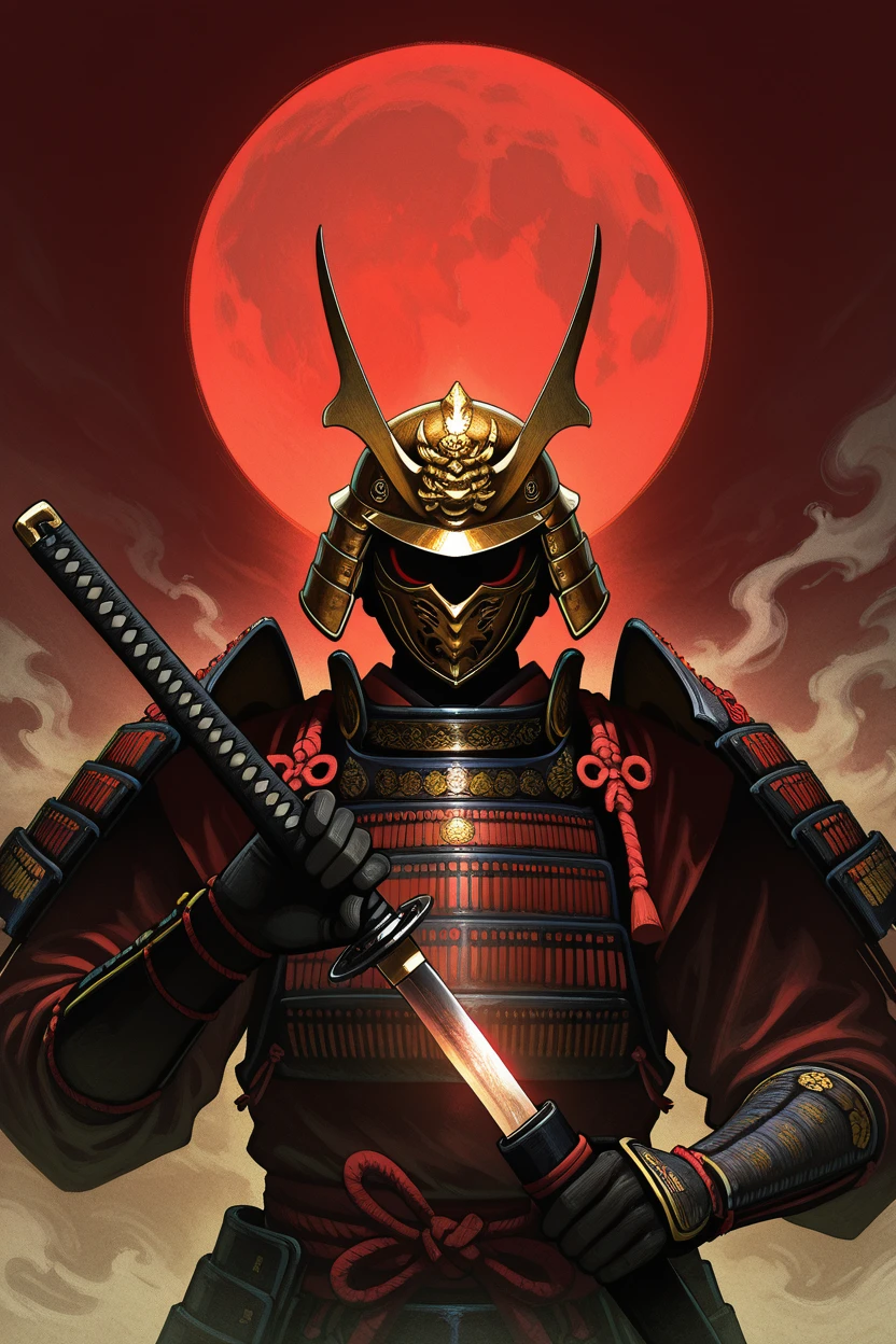 masterpiece, best quality,    1other, ambiguous gender, armor, artist name, dou, fantasy, helmet, holding, holding sword, holding weapon, japanese armor, kabuto (helmet), katana, original, sheath, shoulder armor, sode, sword, unsheathing, weapon, solo, red eyes, 1boy, upper body, male focus, from side, moon, smoke, red moon, samurai  ,<lora:AnatoFinnstarkIXL_v2:1.0>,