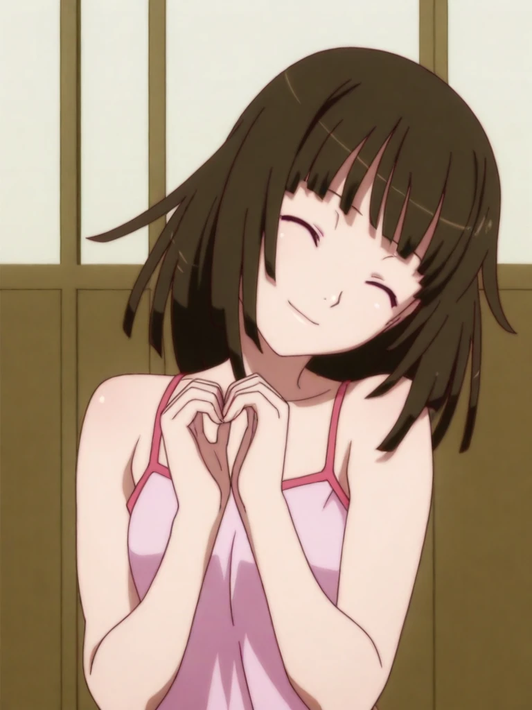 <lora:Nadeko_Illustrious:1>
absurdres, masterpiece,
anime screencap,
1girl, nadeko sengoku, blunt bangs, blunt ends, medium hair, pink camisole, bare shoulders, upper body, head tilt,
own hands together, heart hands, 
light smile, closed eyes,