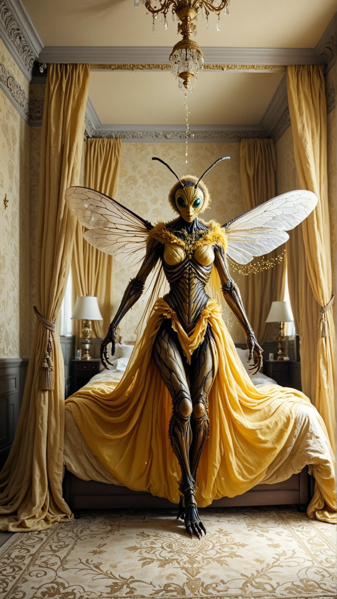 <lora:InsectHybridSDXL:1>monster, hybrid, insecthybrid bee, the hybrid is a woman, in location in a silk-draped canopy bed, a lavish suite with a bed cocooned in silky drapes, full body, One Arm Raised, , humanoid