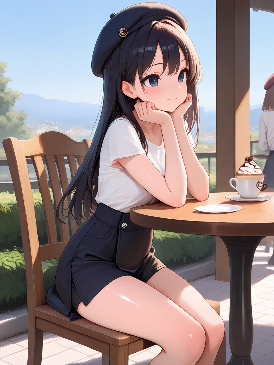 masterpiece,amazing quality,best quality,ultra-detailed,8K,illustration,CG,shiny hair,clear skin,ultra-detailed-eyes,simple background,cute girl, cafe,outdoor,table,eyelashes ,smile,<lora:wrap skirt shorts_illustrious_V1.0:1>wrap skirt shorts, skirt,shirt,beret,sitting on chair