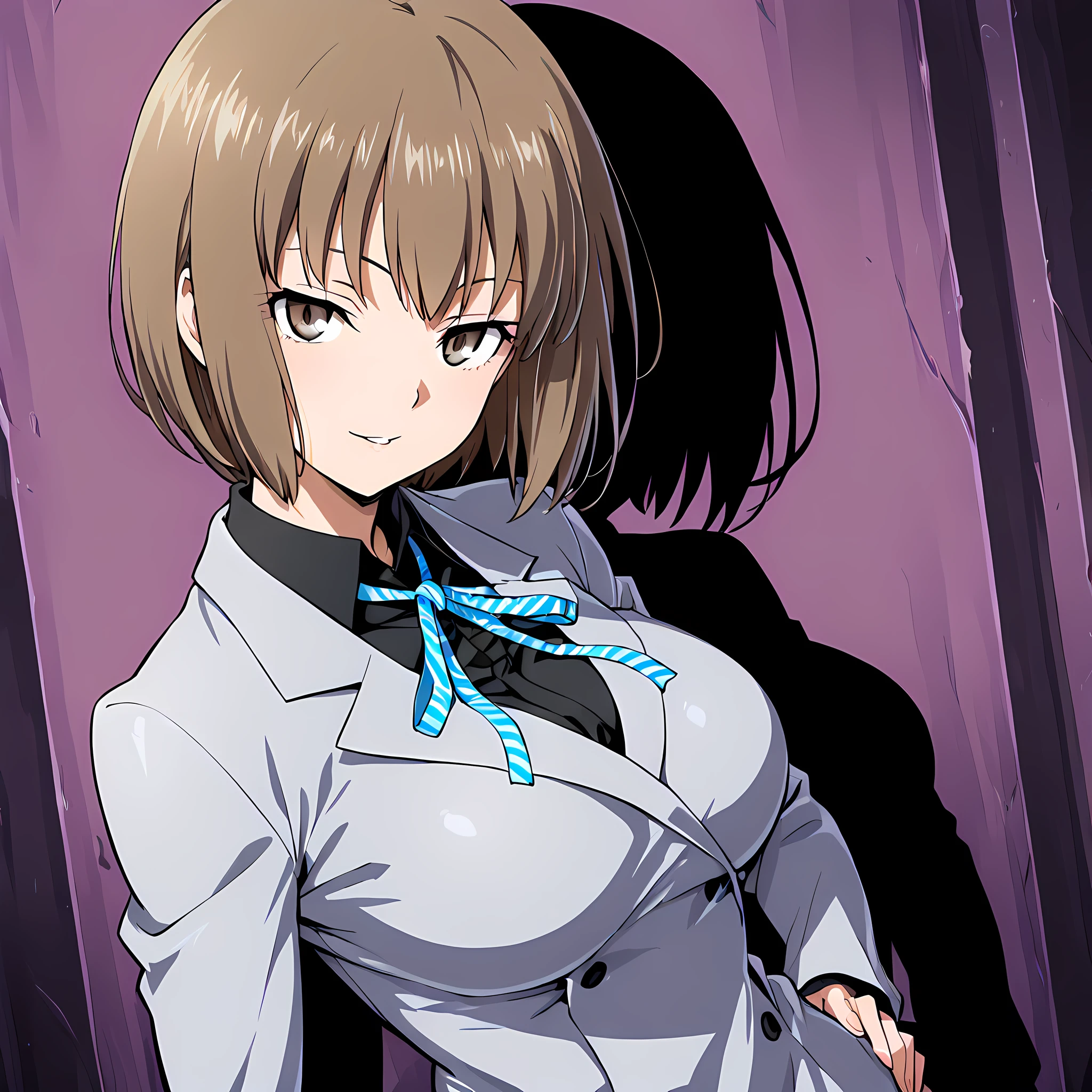 nitta_io(ds2), 1girl, solo, brown hair, short hair, large breasts, brown eyes, seductive smile, looking at viewer, ribbon, grey jacket, parted lip, hand on hip, upper body view, anime coloring, midnight, dark alleyway background<lora:NittaIo-IllustXL:1>, (masterpiece),(best quality),(ultra-detailed),(best illustration),(best shadow),(absurdres),(detailed background),(very aesthetic),