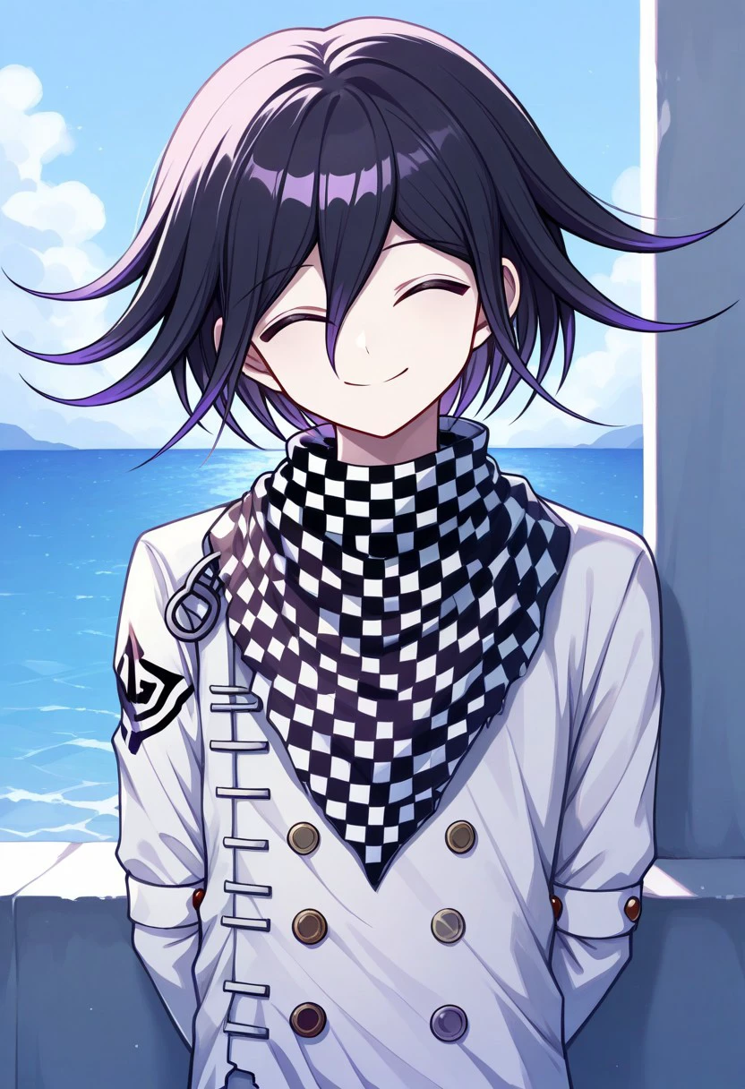 masterpiece, best quality, 
kokichi, 1boy, male focus, solo, closed eyes, black hair, purple hair, multicolored hair, medium hair, hair between eyes, bangs, jacket, straitjacket, buttons, double-breasted, white jacket, long sleeves, scarf, checkered scarf, smile, upper body
outdoor, palm, ocean