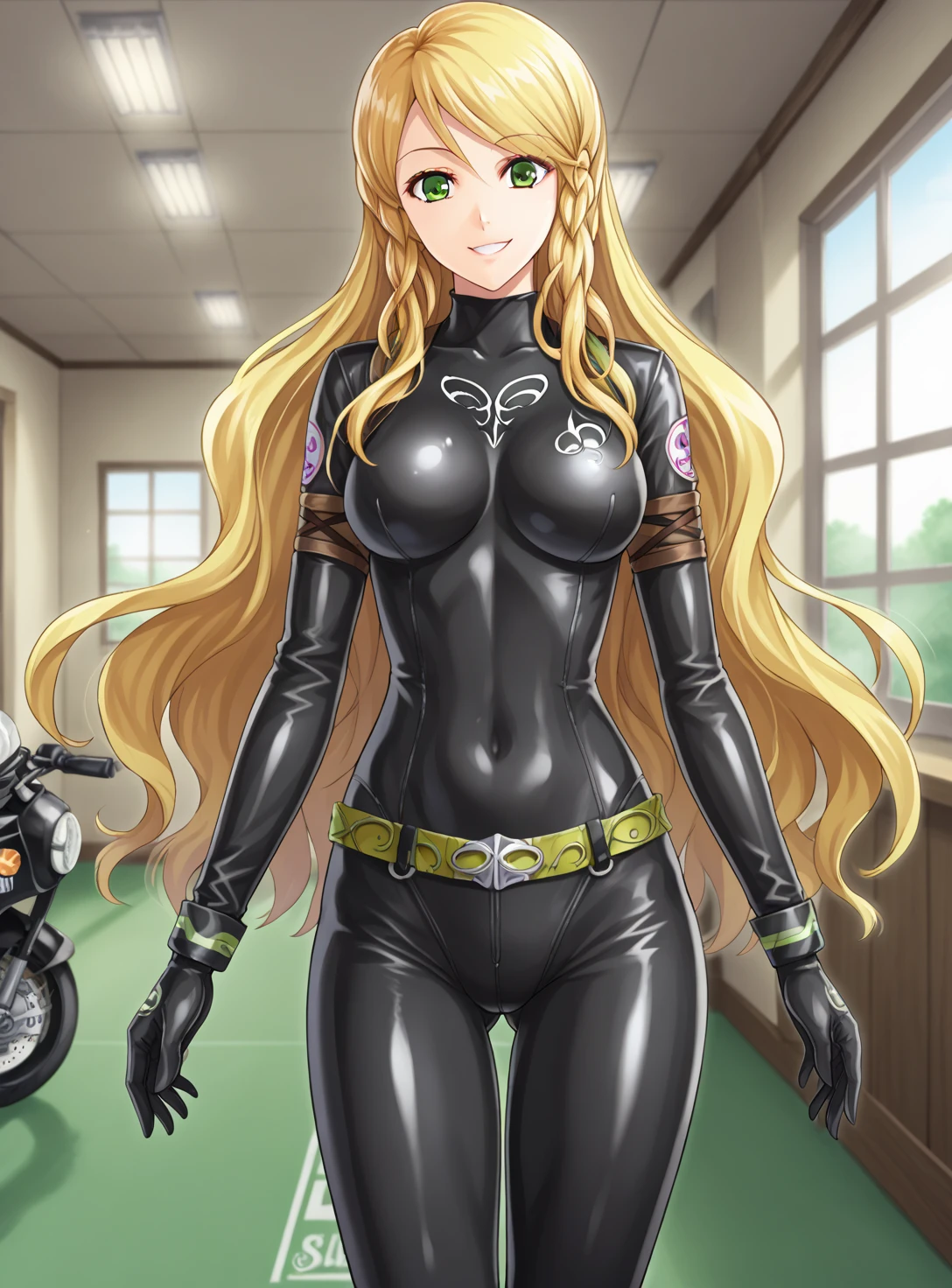 score_anime,1girl, solo,
Leanne,  long hair,black bodysuit, biker clothes,
indoors, looking at viewer, standing, cowboy shot,smile, <lora:Leanne_pony_0.1:0.85>