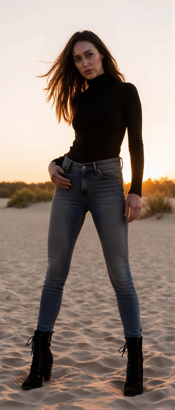 <lora:Alicia_Clark:0.9>  alicia clark, a woman with long hair, realistic, full body, wears a turtleneck and tight jeans and higheels. she poses on a Post apocaliptic beach at sunset