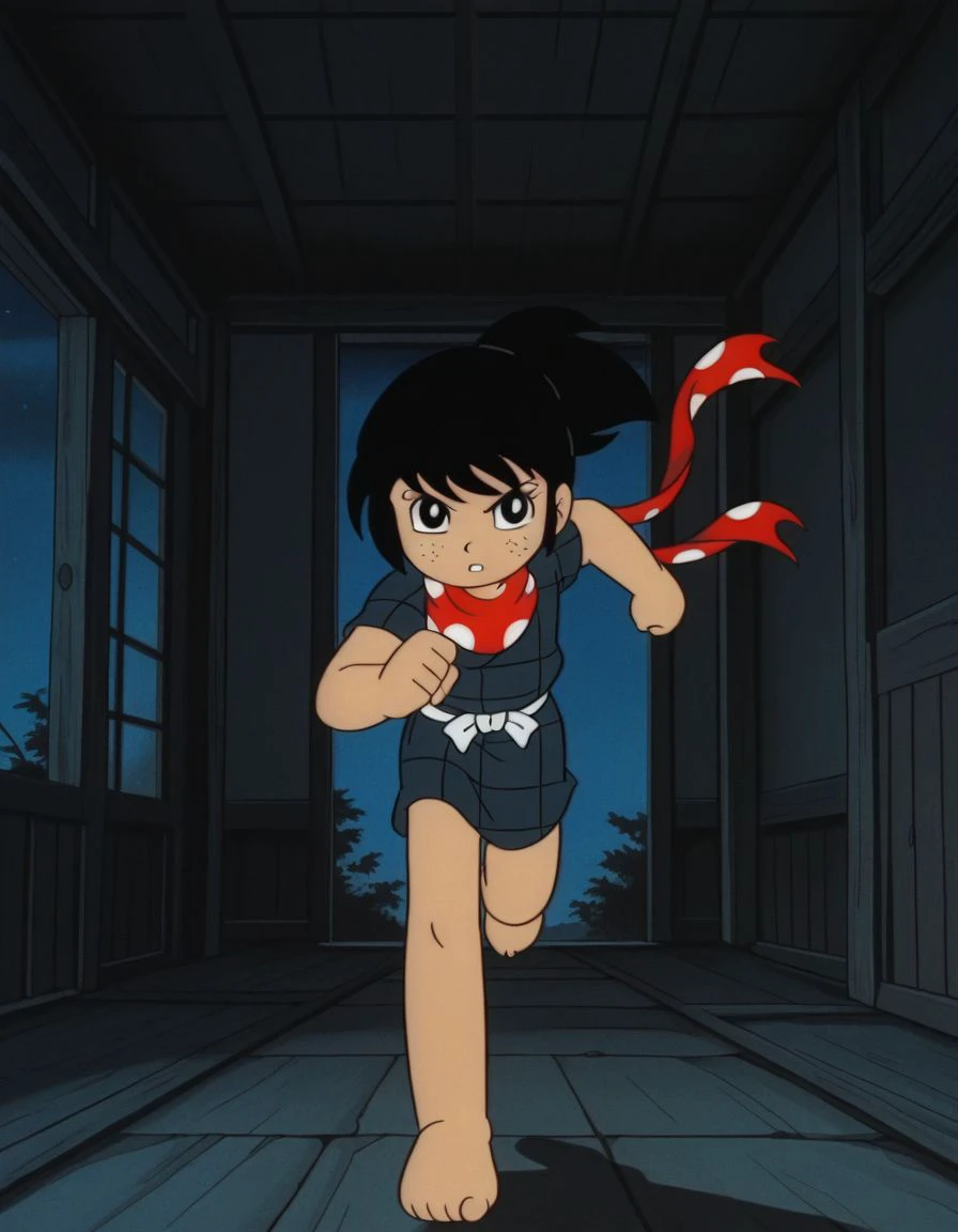 masterpiece, best quality, 1boy, anime screencap, anime coloring, male focus, ninja, barefoot, solo, abandoned japanese bedroom, running towards viewer, incoming attack, shuriken, 
, (night, dark, shadow),
<lora:Saskk10:1>, saskk, black hair, black eyes, freckles, scarf, ponytail, male child, retro artstyle, style parody,