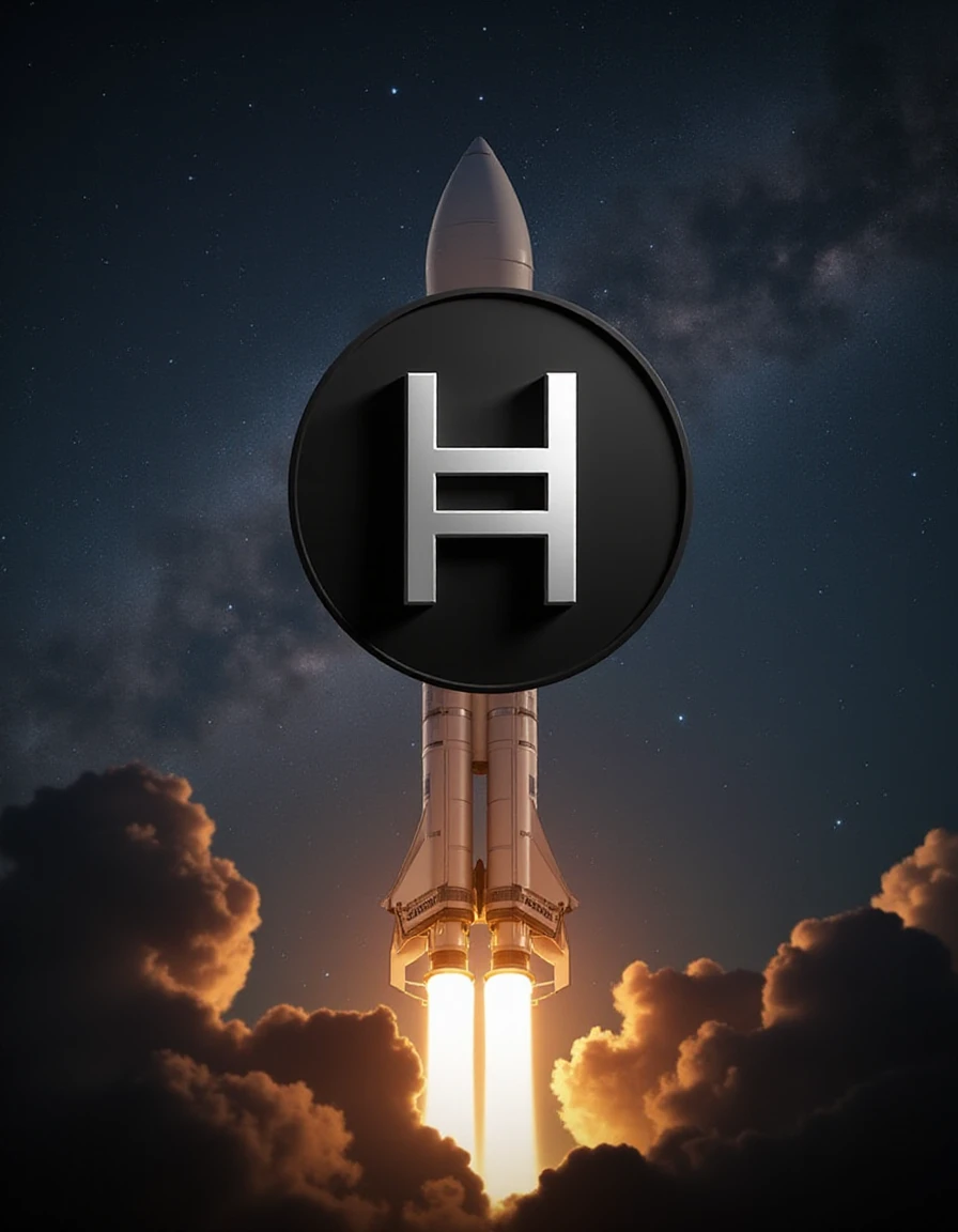 HBAR coin on the side of a rocket <lora:hbar:1>