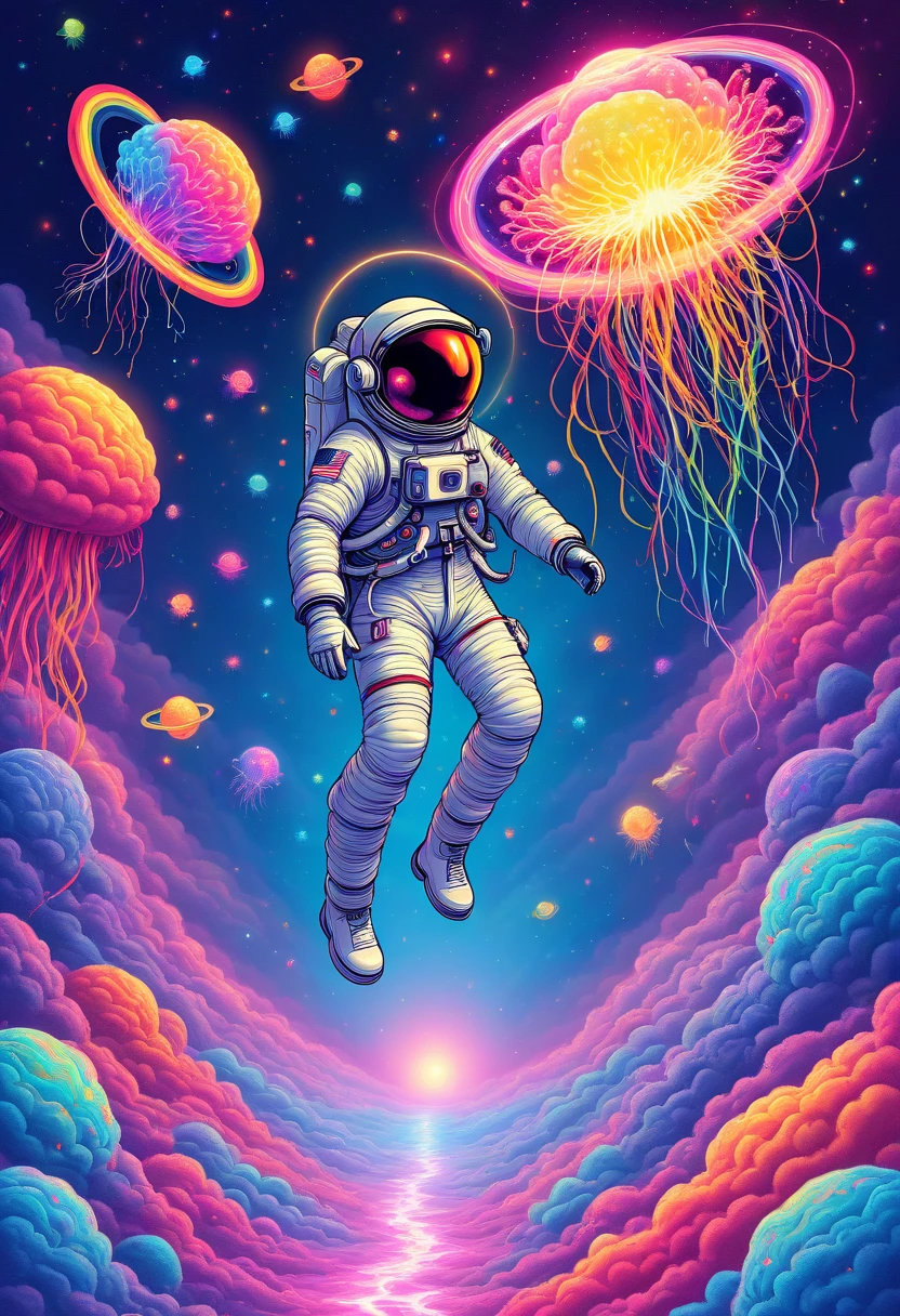 PsychadelicPopSurrealism, An astronaut floating in space surrounded by glowing, pulsating jellyfish that form a halo of rainbow light, with a planet in the background shaped like a human brain, radiating electric energy.
