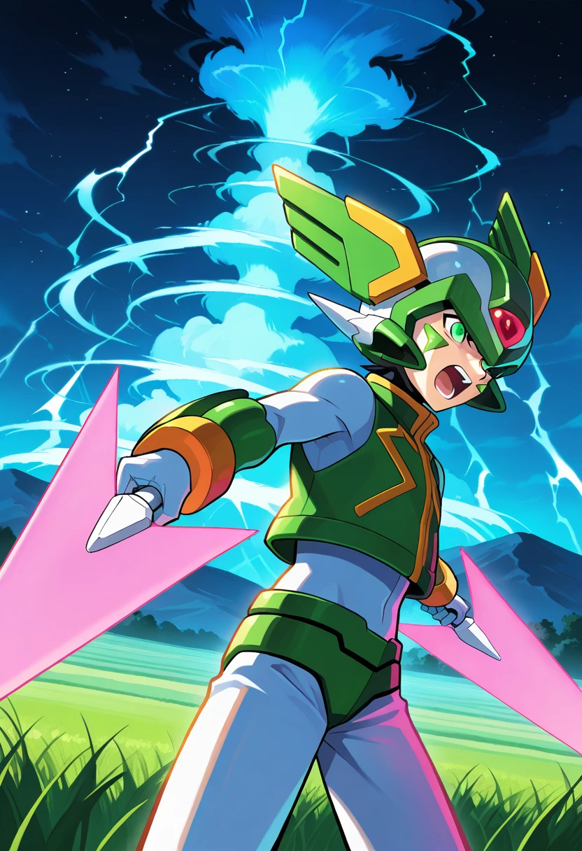 source anime,highly detailed,score 9,score 8 up,score 7 up, <lora:Sage_Harpuia:1> harpuia, solo, 1boy, helmet, forehead jewel, green eyes, (facial mark), fighting, attacking, night sky, tornado, tornadoes, thunder cloud, thunder, outdoors, field, upper body, crop top, angry, shouting, dual wielding, energy swords, (from side),