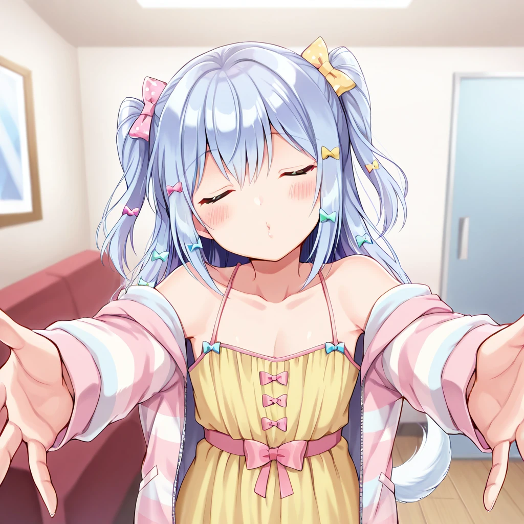 masterpiece, high quality, absurdres, 
solo, kiss, blush, incoming hug, closed eyes, puckered lips, indoors, outstretched arms, head tilt, 
<lora:Inuyama_Tamaki_-_Illustrious:1> blue hair, otoko no ko, red eyes, dog tail, hair ornament, jacket, long sleeves, off shoulder, open clothes, open jacket, pink bow, pink jacket, polka dot, polka dot bow, purple bow, yellow bow, sidelocks, sleeveless, sleeveless dress, spaghetti strap, two side up, yellow dress, striped jacket,