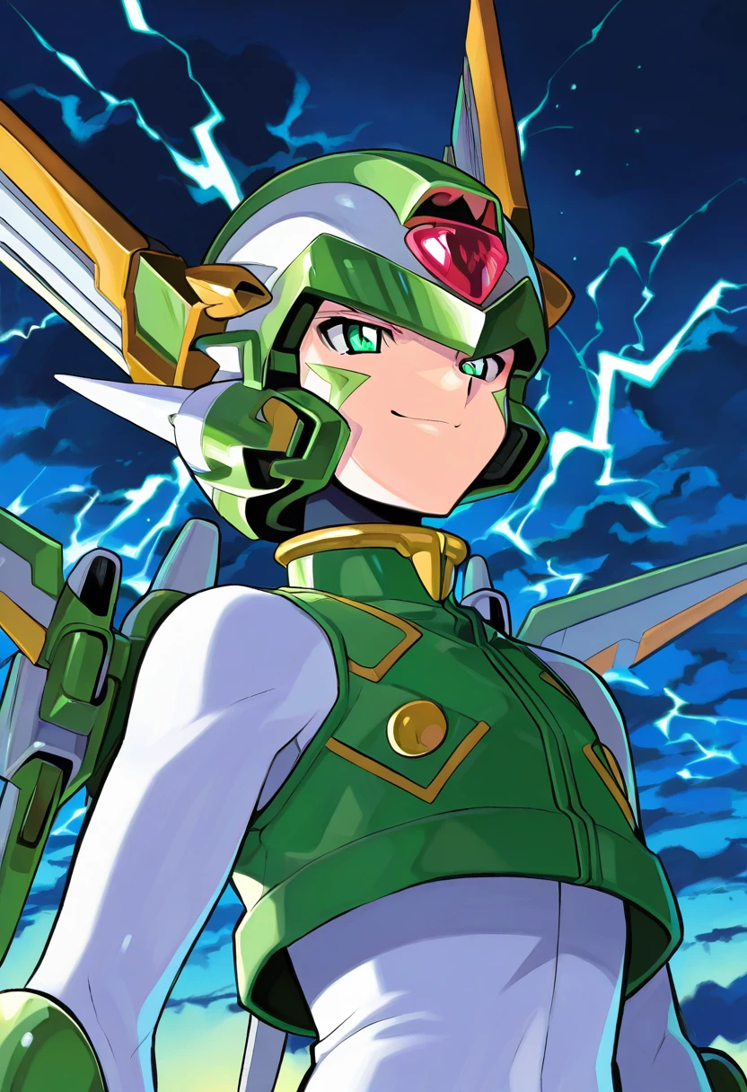 source anime,highly detailed,score 9,score 8 up,score 7 up, <lora:Sage_Harpuia:1> harpuia, solo, 1boy, sky, clouds, thunderbolt, thunder clouds, night, helmet, mechanical wings, forehead jewel, green eyes, white bodysuit, (facial mark), crop top, white gloves, smirk, upper body, masterpiece, best quality