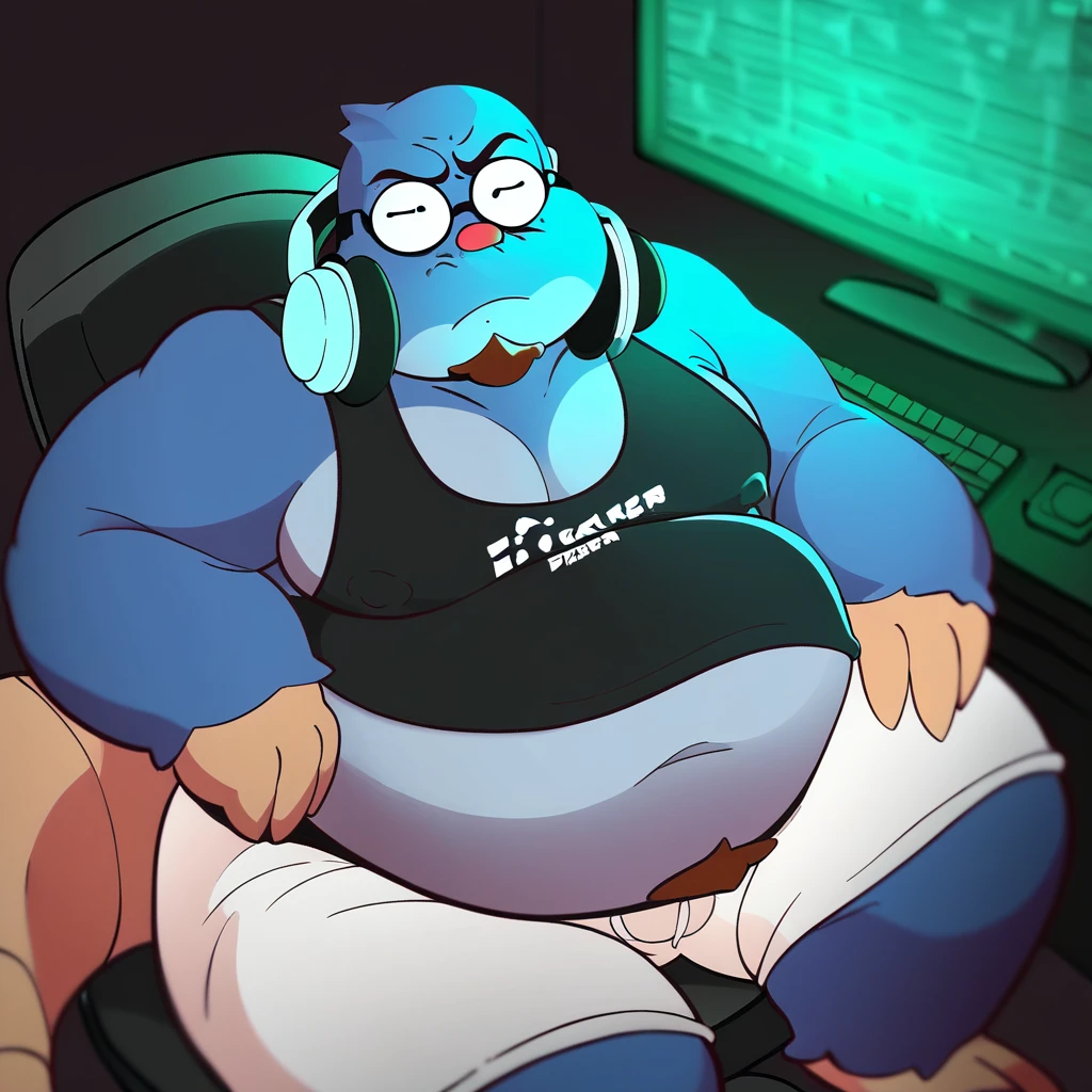 score_9, score_8_up, score_8, furry, Dylan, mole, blue fur, red nose, long tail, glasses, cartoon style, 2d, overweight male, chubby, fat, thick thighs, wide hips, solo, high angle, black tank top, midriff, belly exposed, nipple bulge, white underwear, headphones around neck, game controller in hand, sitting at computer, looking at viewer, bored expression, frown, inside, dark room, screen illuminating dark room