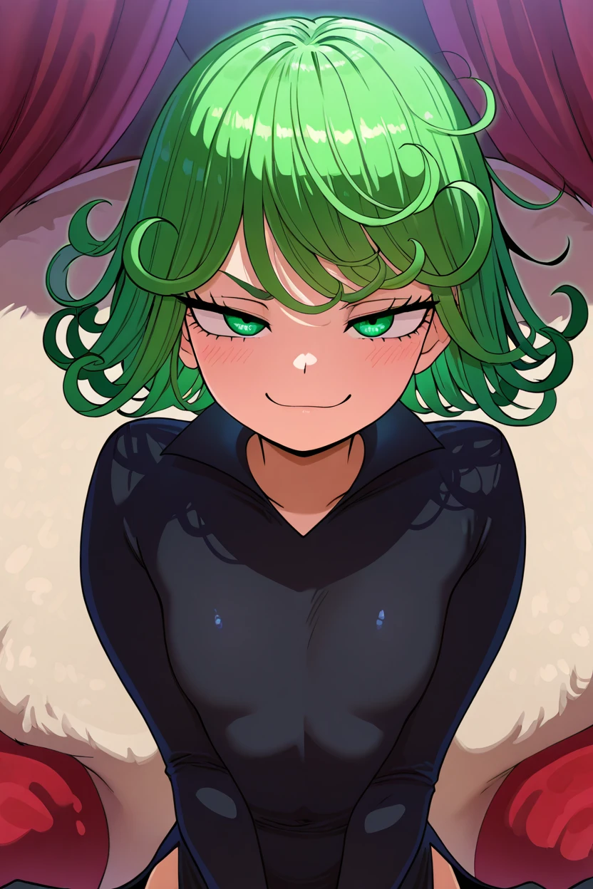 masterpiece, best quality, 1girl, solo, beautiful eyes, zzTatsumaki, green eyes, green hair, black dress, smile, smug, <lora:TatsumakiIXL:1.0>,<lora:AhLyongLee_IXL_v1:1.0>, upper body, smile, looking at viewer, shiny skin,