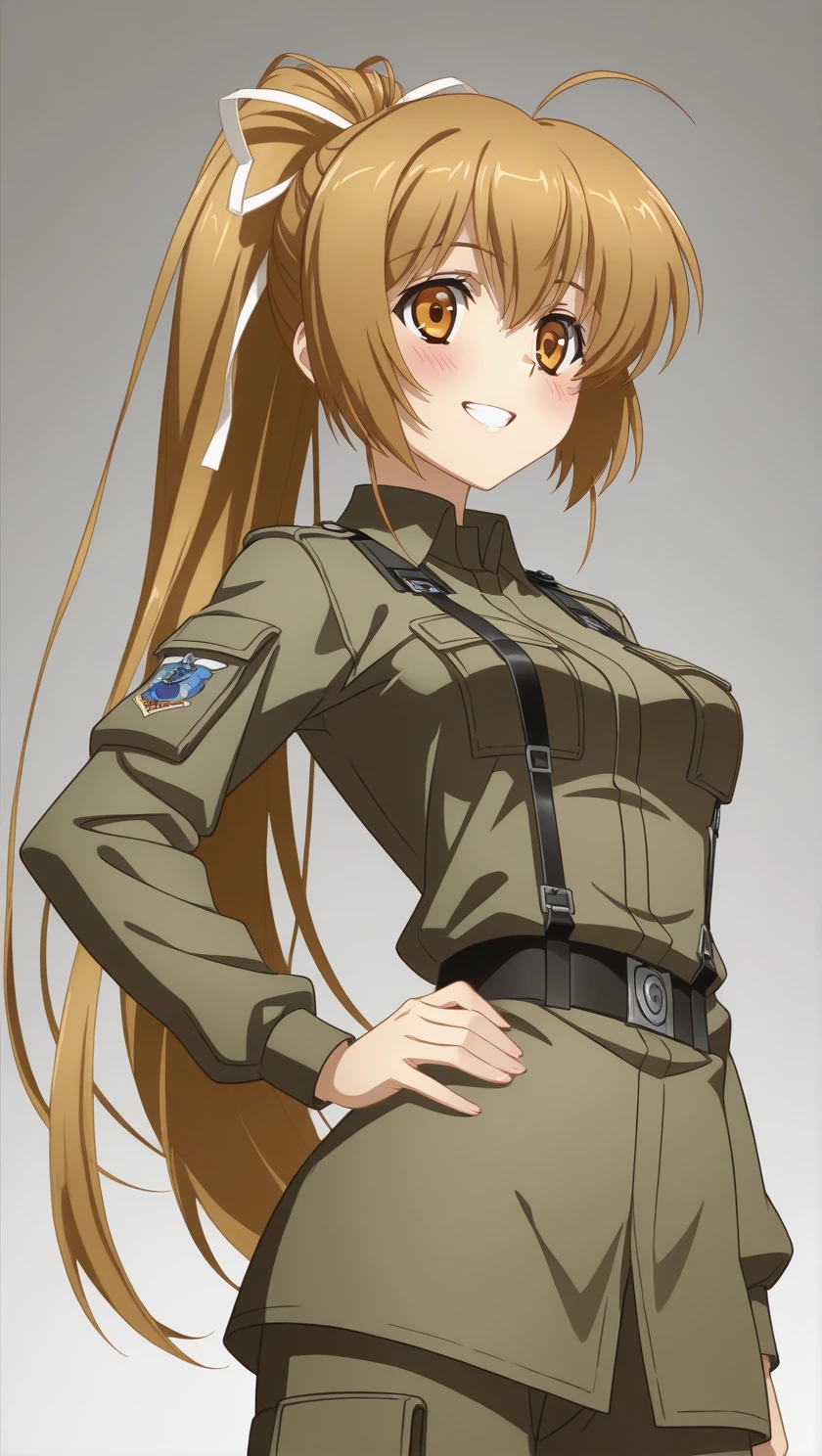 perfect quality, best quality, absolutely eye-catching, masterpiece, absurd res, ambient occlusion, raytracing, 1girl, solo, Katia, perky breasts, BDU, blush, grin, hand on hip