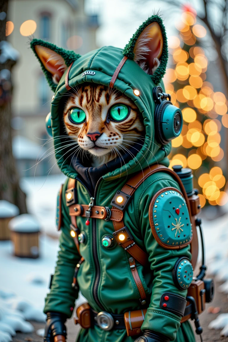 Post-Apocalyptic_Survivor,A cute and playful cat bot dressed in a festive Christmas outfit,featuring a sleek,futuristic design. The outfit showcases a stylish two-tone color scheme of vibrant green and cyan,with intricate holiday-themed patterns **** snowflakes and holly leaves subtly glowing along the edges. The cat bot's mechanical ears are adorned with small Christmas lights,and its glowing cyan eyes exude a cheerful holiday spirit. The background is a cozy,softly lit Christmas scene with a glowing tree,twinkling lights,and gently falling snowflakes.,