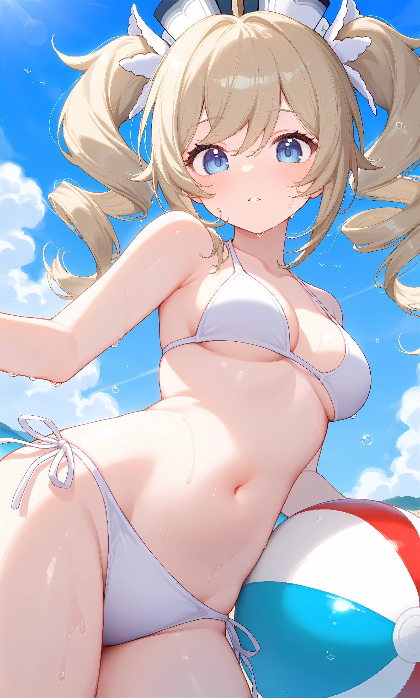 (masterpiece, extremely detailed 8k CG, japanese kawaii anime style, sharp focus), one beautiful and cute young girl, (underwear model, official art), (colorful, Warm colors), beautiful japanese anime style big eyes, dark blonde short hair:1.2, (wearing White transparent bra, wearing White transparent thong panties, wedgie:1.5), gorgeous lace white lingerie, The waist of panties is a high-cut leotard type, no frilled lingerie:1.5, dark blue eyes, shy smile, (small hard Nipple erection:1.4), looking at viewer, (medium breasts, pointy breasts, Cleavage:1.5), (pov, from front:1.5), Smooth skin:1.2, Shaved Pussy:1.5, (lying on the side of deckchair st seaside resort, spread legs wide, pose emphasize pussy, show off pussy, pose emphasize pussy:1.5), (your hands behind head, you never touch pubic area:1.5), (nsfw, open_pussy:1.5), (spread pussy:1.2), (deep and big cameltoe:2.0), (small erect nipple shape and color clearly visible through bra:1.3), (spread pussy shape and color clearly visible through panties:1.5), (Small ass, thin thighs:1.2), (erotic, arousing:1.3), (dynamic light, face light, depth of field, day light, seaside:1.2), hairclip, tony taka,