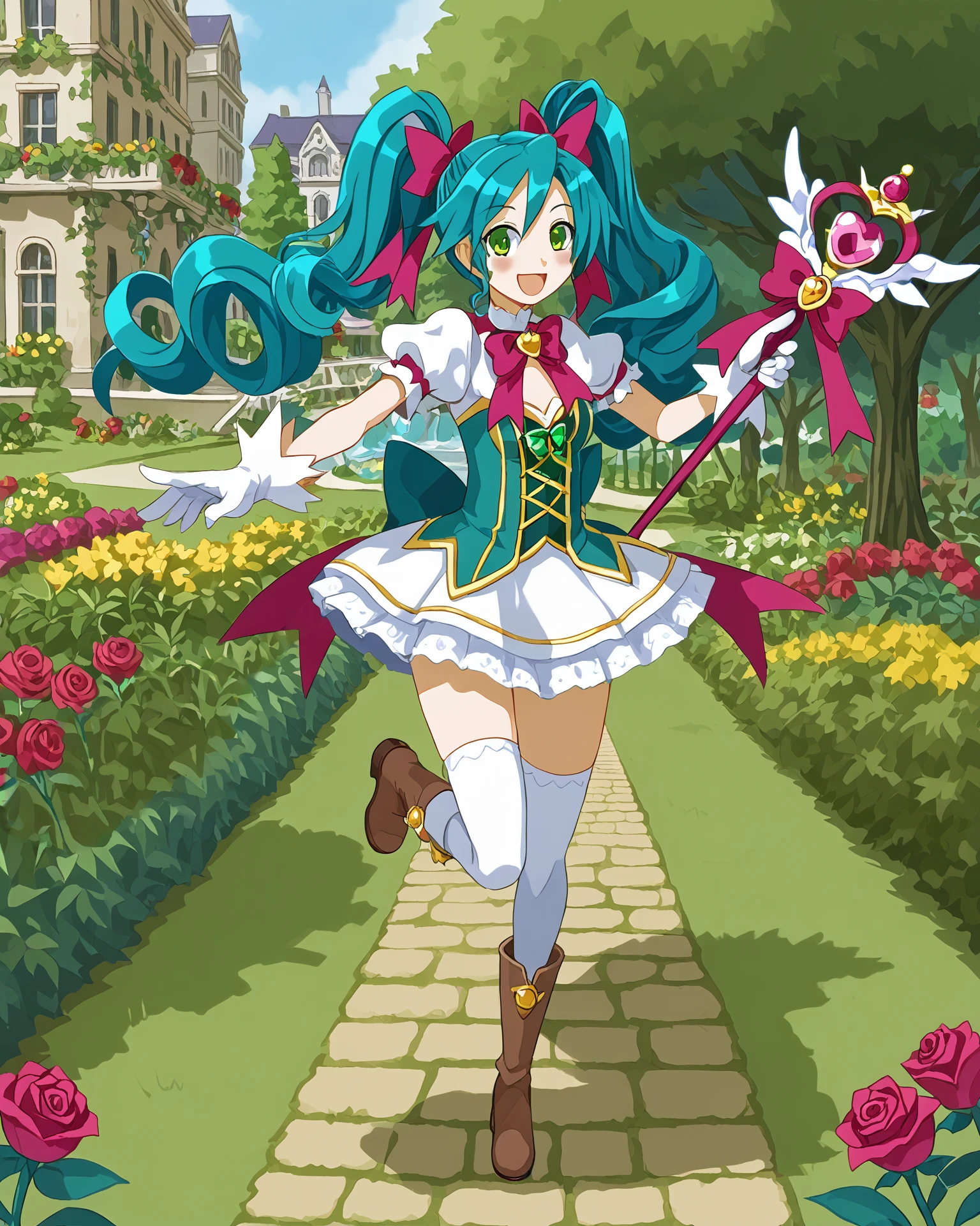 1girl, magal, teal hair, green eyes, standing on one leg, holding magal staff, boots, happy, ribbons, very detailed clothing, magal clothing, glittering roses, jacquard fabric, garden, rose bushes, masterpiece, highest quality, absurdres, digital art, very detailed, score_9, score_8_up, score_7_up,  <lora:MagicalGirl_XL:1.1>,  <lora:harada_takehito_PDXL:1> harada takehito